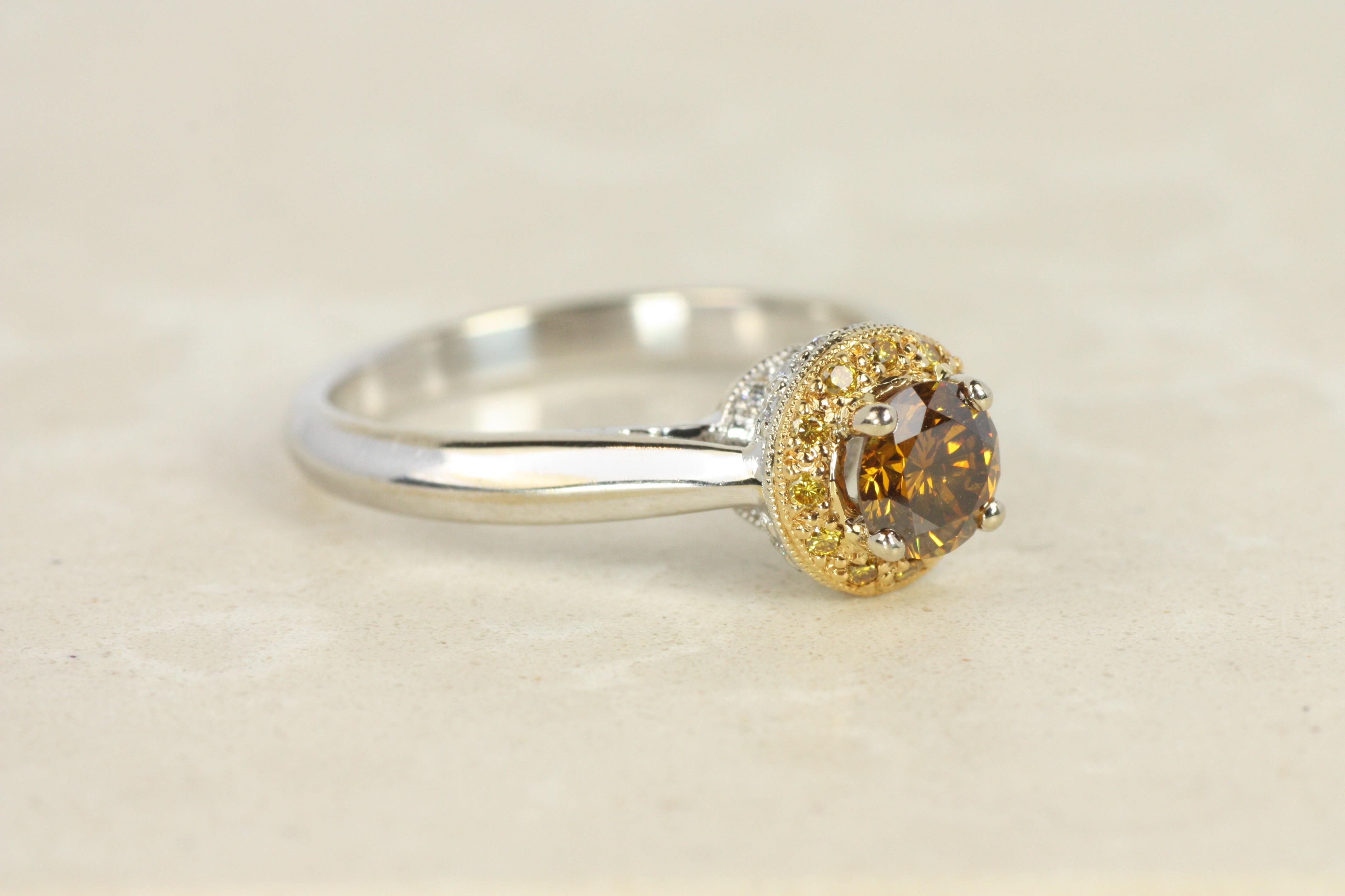 Brown Diamond Engagement Ring, Yellow & White Halo – 18K Gold, Platinum Two-Tone For Sale 2