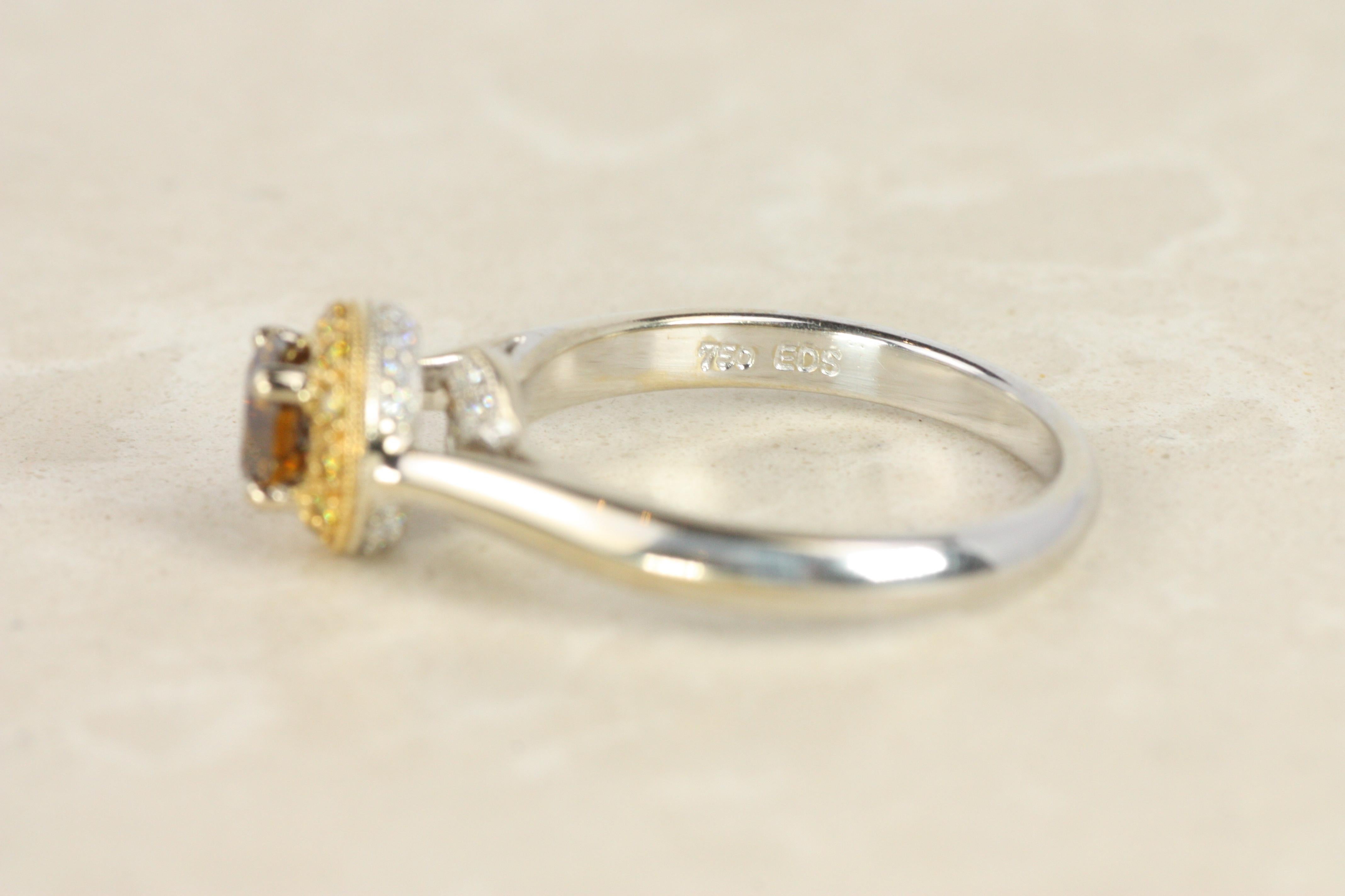 Brown Diamond Engagement Ring, Yellow & White Halo – 18K Gold, Platinum Two-Tone For Sale 3