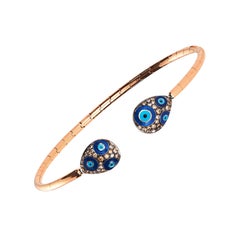 Brown Diamond Evil Eye Talisman 18 Karat Rose Gold Blue Enamel Bangle