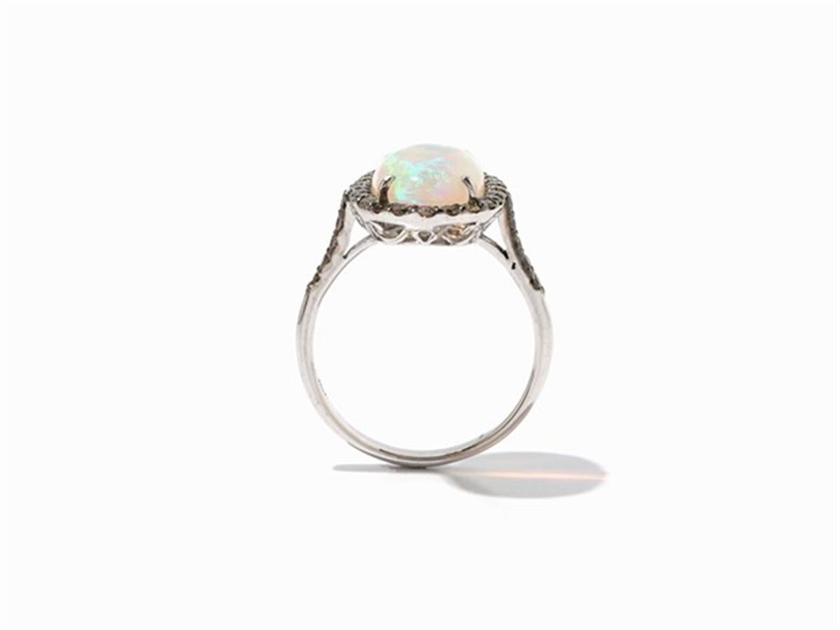 Women's Brown Diamond Opal 18 Karat White Gold Cocktail Halo Ring