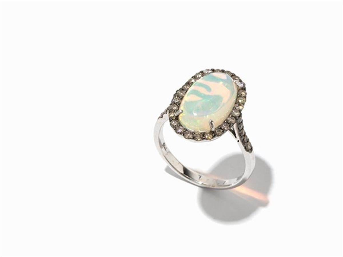 Brown Diamond Opal 18 Karat White Gold Cocktail Halo Ring 1