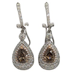 Brown Diamond Pear and White Diamond Round Dangle Earrings in 14K 2 Tone Gold