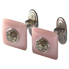 Handgefertigte Manschettenknöpfe aus 18-karätigem Gold mit braunem Diamanten und rosa Opal