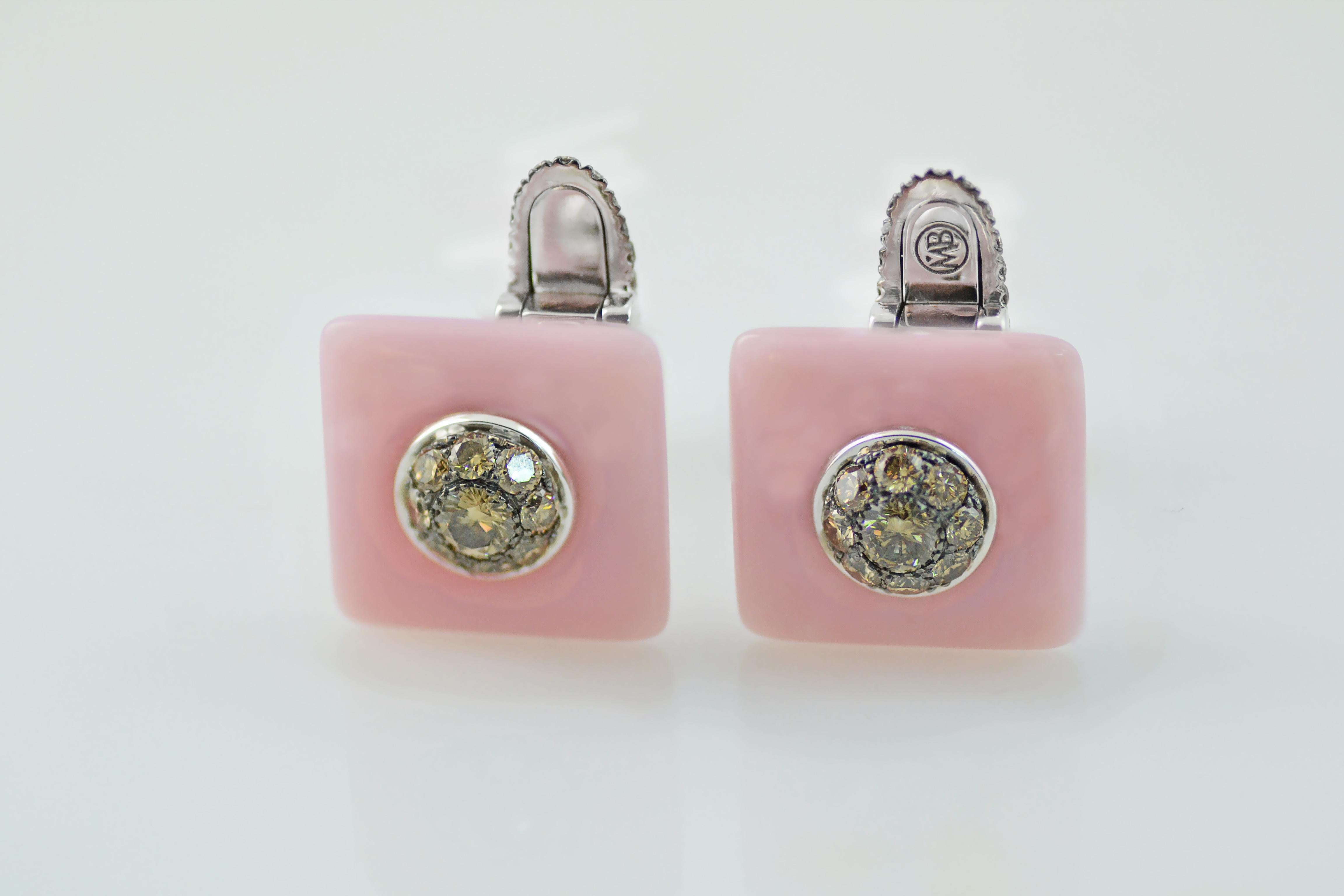 Contemporary Brown Diamond Pink Opal 18 KT Gold Handcrafted Cufflinks 