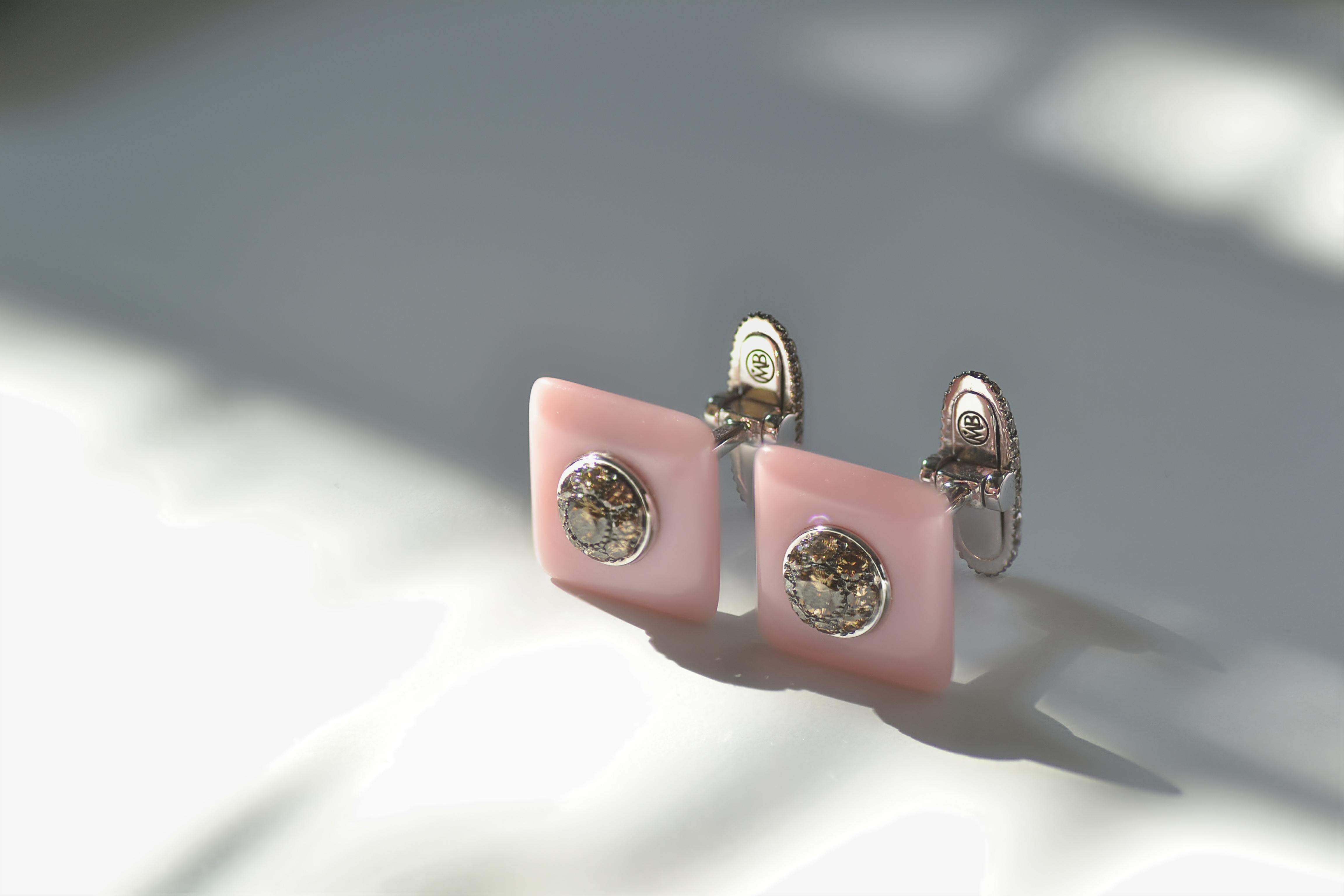 Women's or Men's Brown Diamond Pink Opal 18 KT Gold Handcrafted Cufflinks 