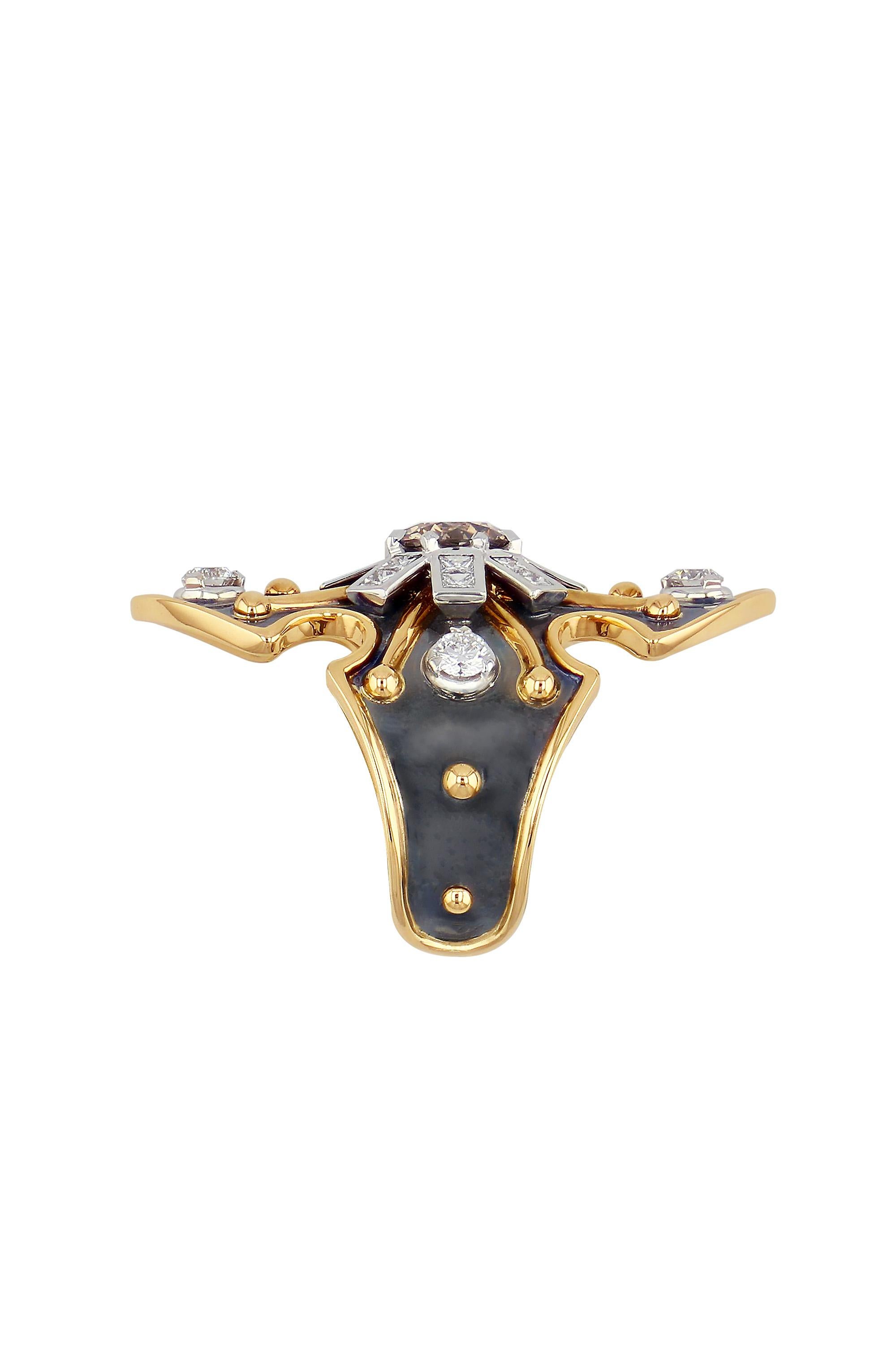 Neoclassical Brown Diamond Princess Bouclier Ring in 18k Gold & Distressed Silver by Elie Top For Sale