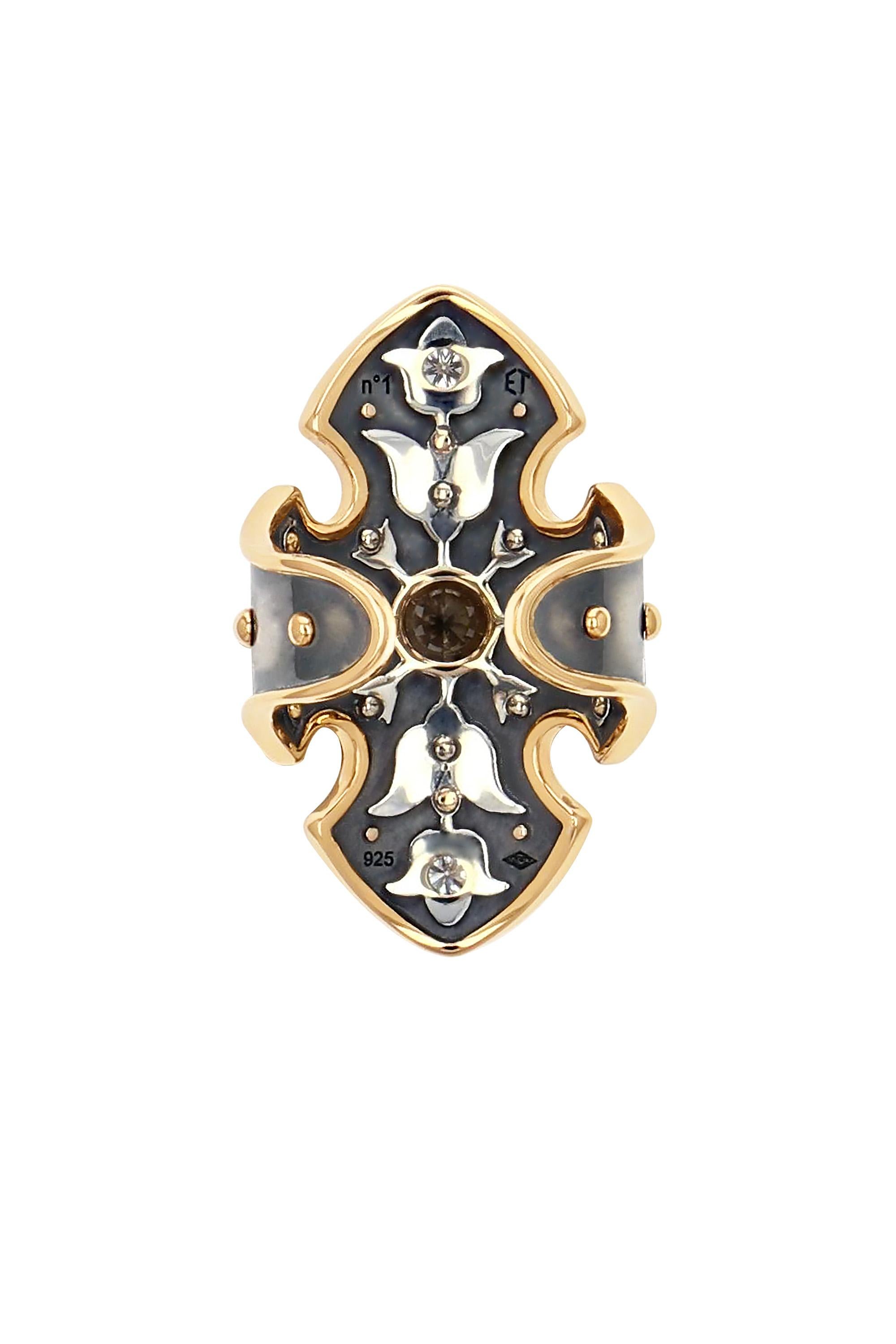 Brown Diamond Princess Bouclier Ring in 18k Gold & Distressed Silber von Elie Top (Carréschliff) im Angebot