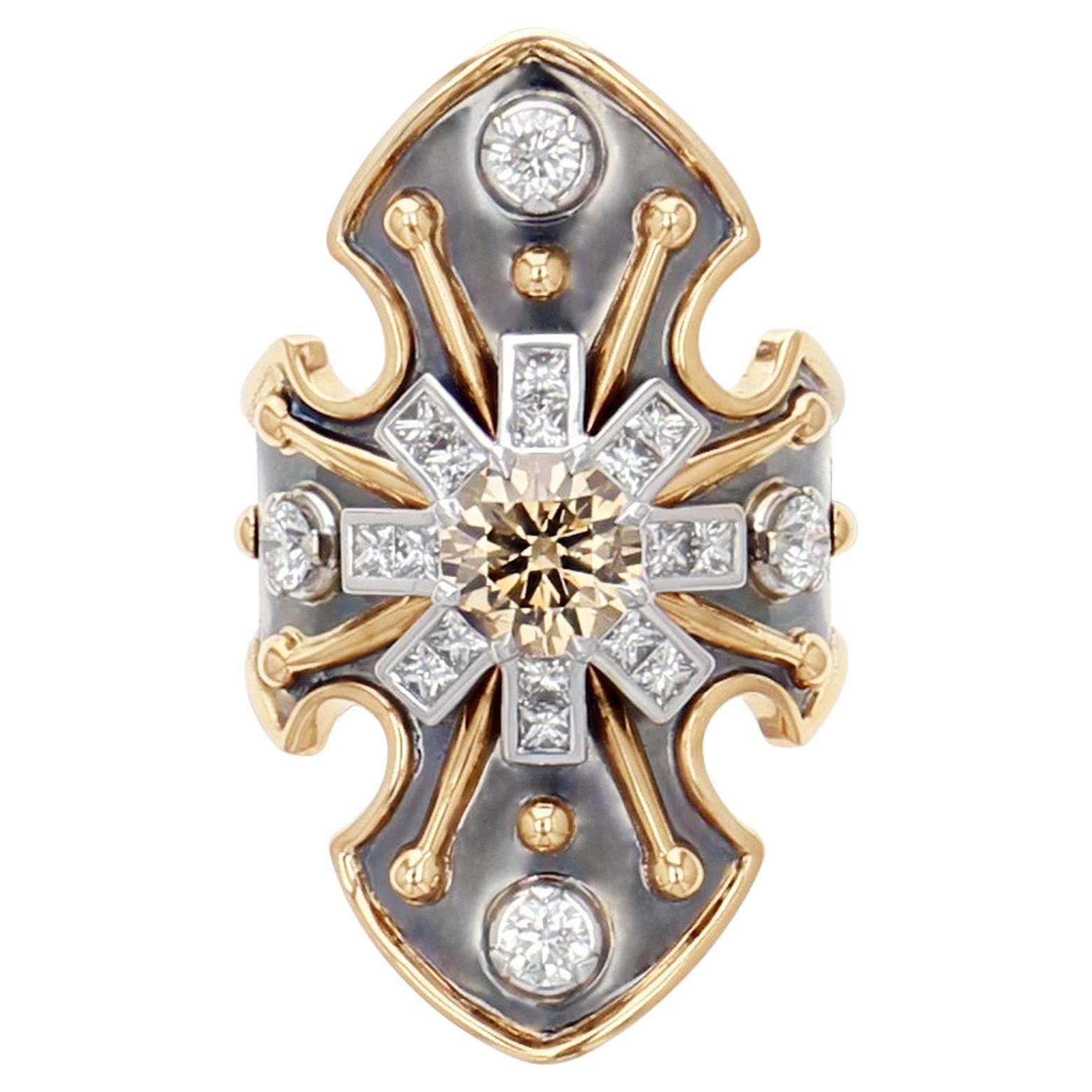 Brown Diamond Princess Bouclier Ring in 18k Gold & Distressed Silber von Elie Top im Angebot