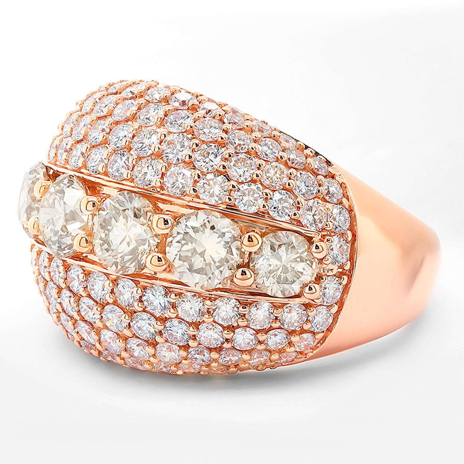 Contemporary Brown Diamond Ring White Diamond Pave Setting 4.32 Carats 18K Rose Gold For Sale