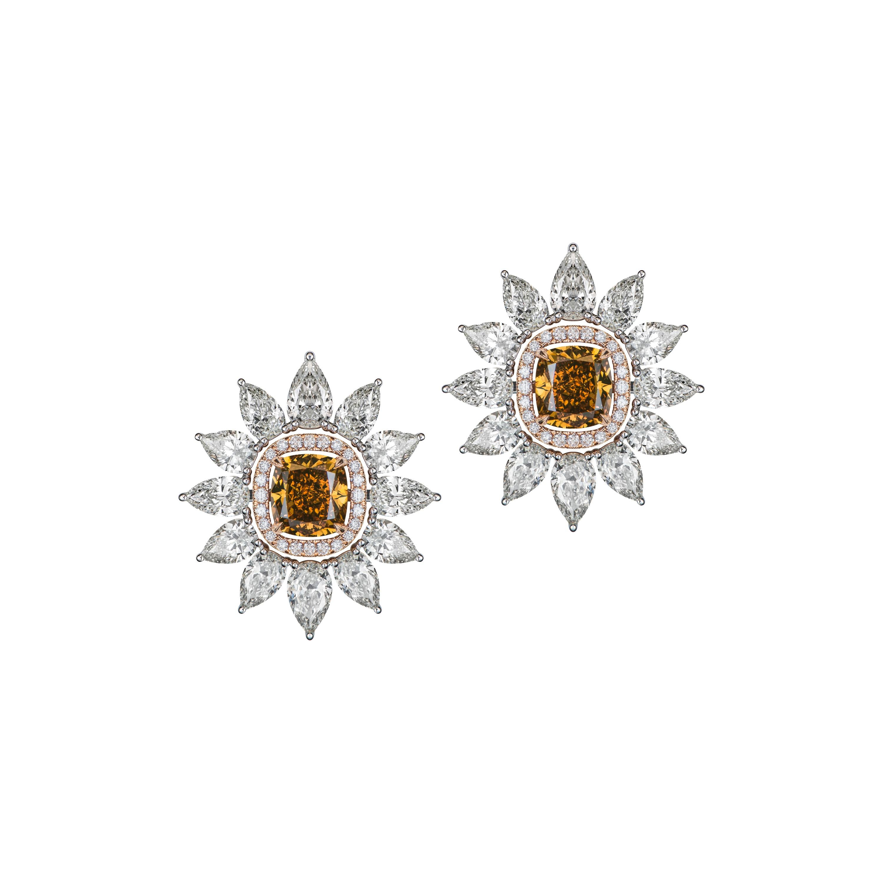 Brown Diamond Stud Earrings with Detachable Pear Shaped Diamond Halo For Sale