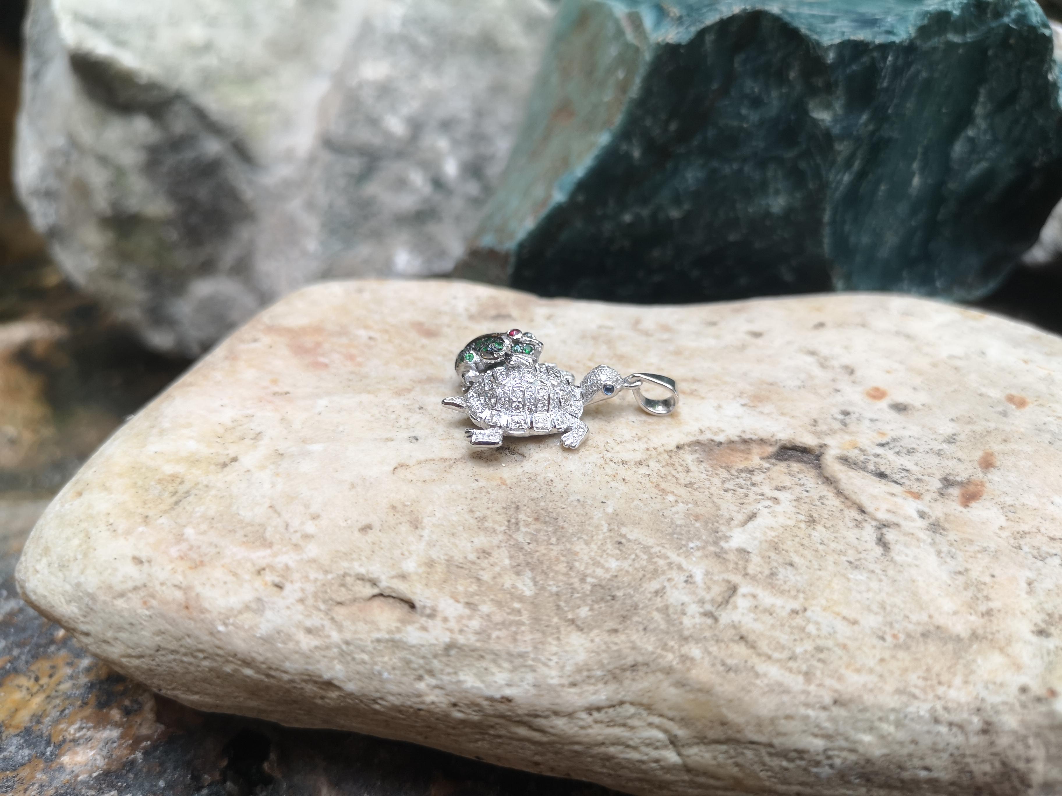 Contemporary Brown Diamond, Tsavorite, Ruby, Sapphire Frog Turtle Pendant 18 Karat White Gold For Sale