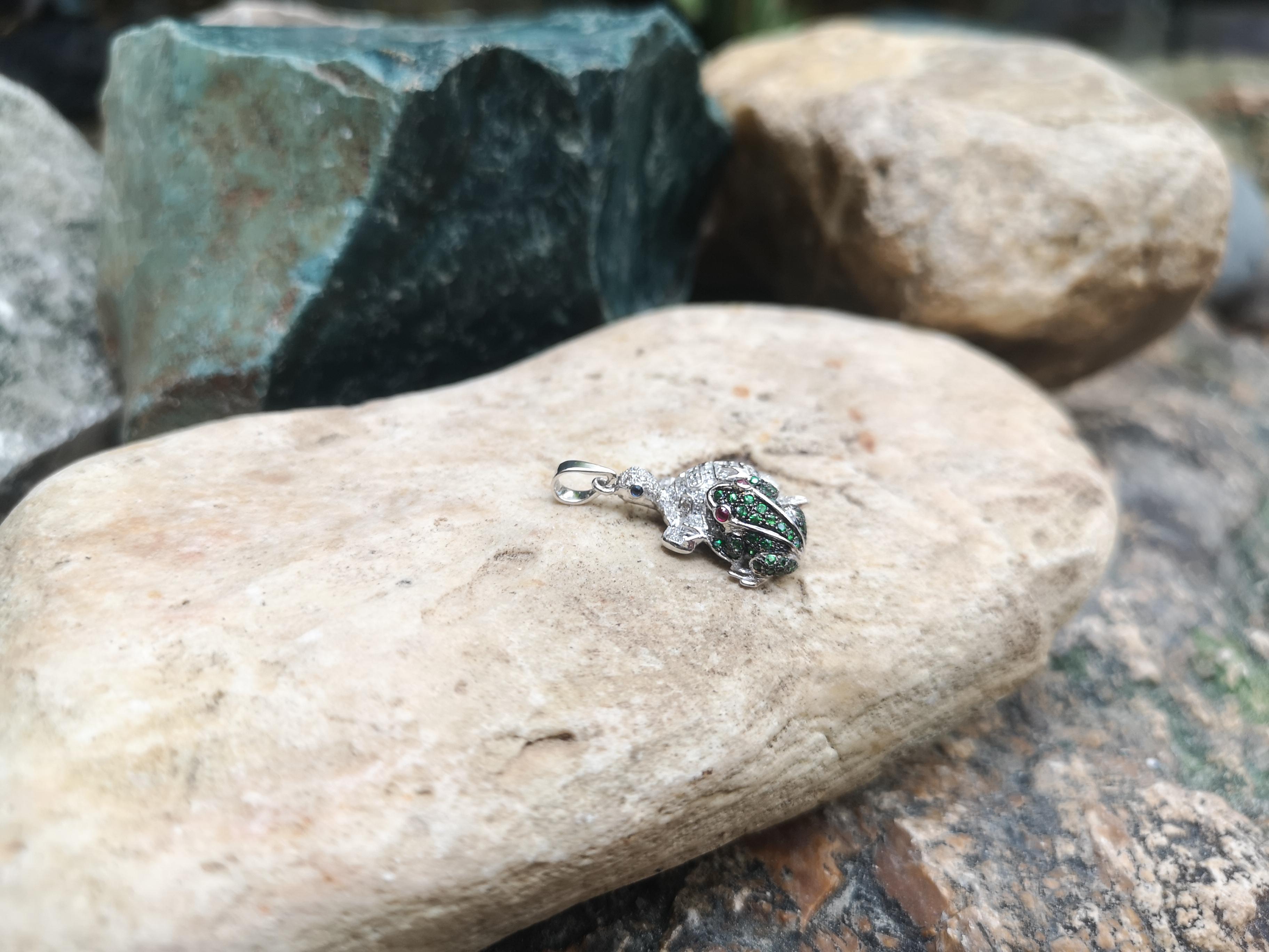 Mixed Cut Brown Diamond, Tsavorite, Ruby, Sapphire Frog Turtle Pendant 18 Karat White Gold For Sale