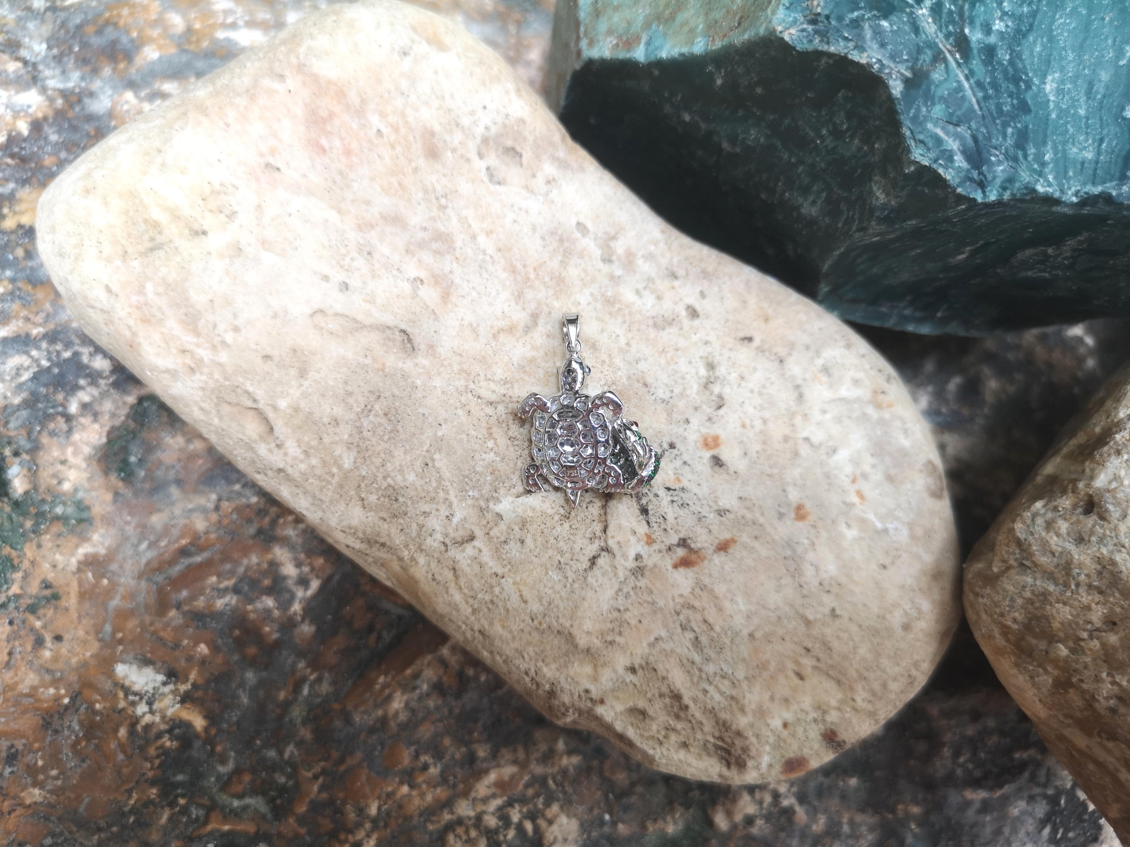 Brown Diamond, Tsavorite, Ruby, Sapphire Frog Turtle Pendant 18 Karat White Gold For Sale 1