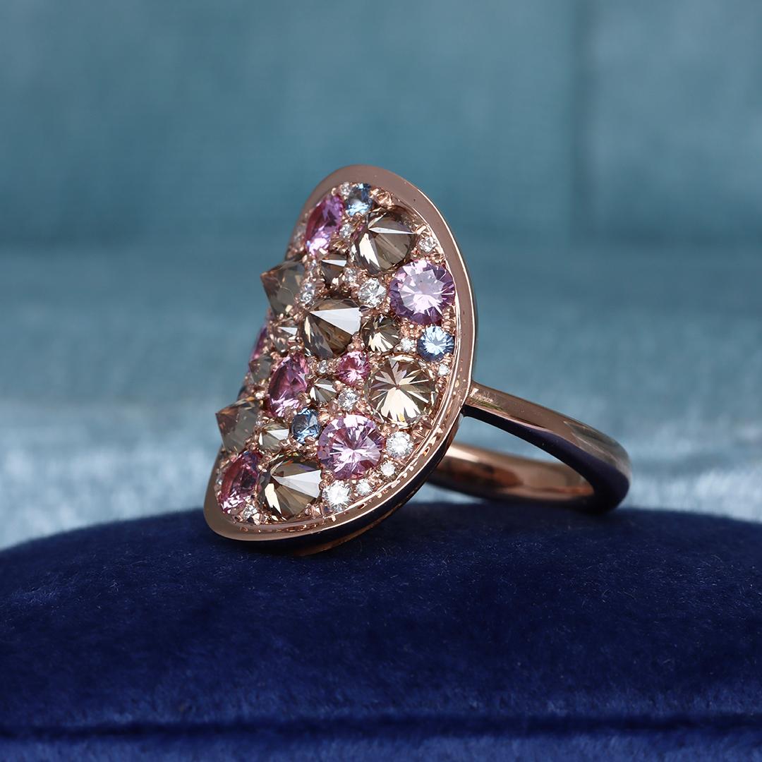 Brown Diamond Unheated Purplish Pink Sapphire Blue Sapphire White Diamond Ring 3