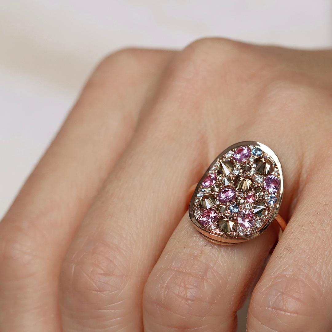 Women's Brown Diamond Unheated Purplish Pink Sapphire Blue Sapphire White Diamond Ring