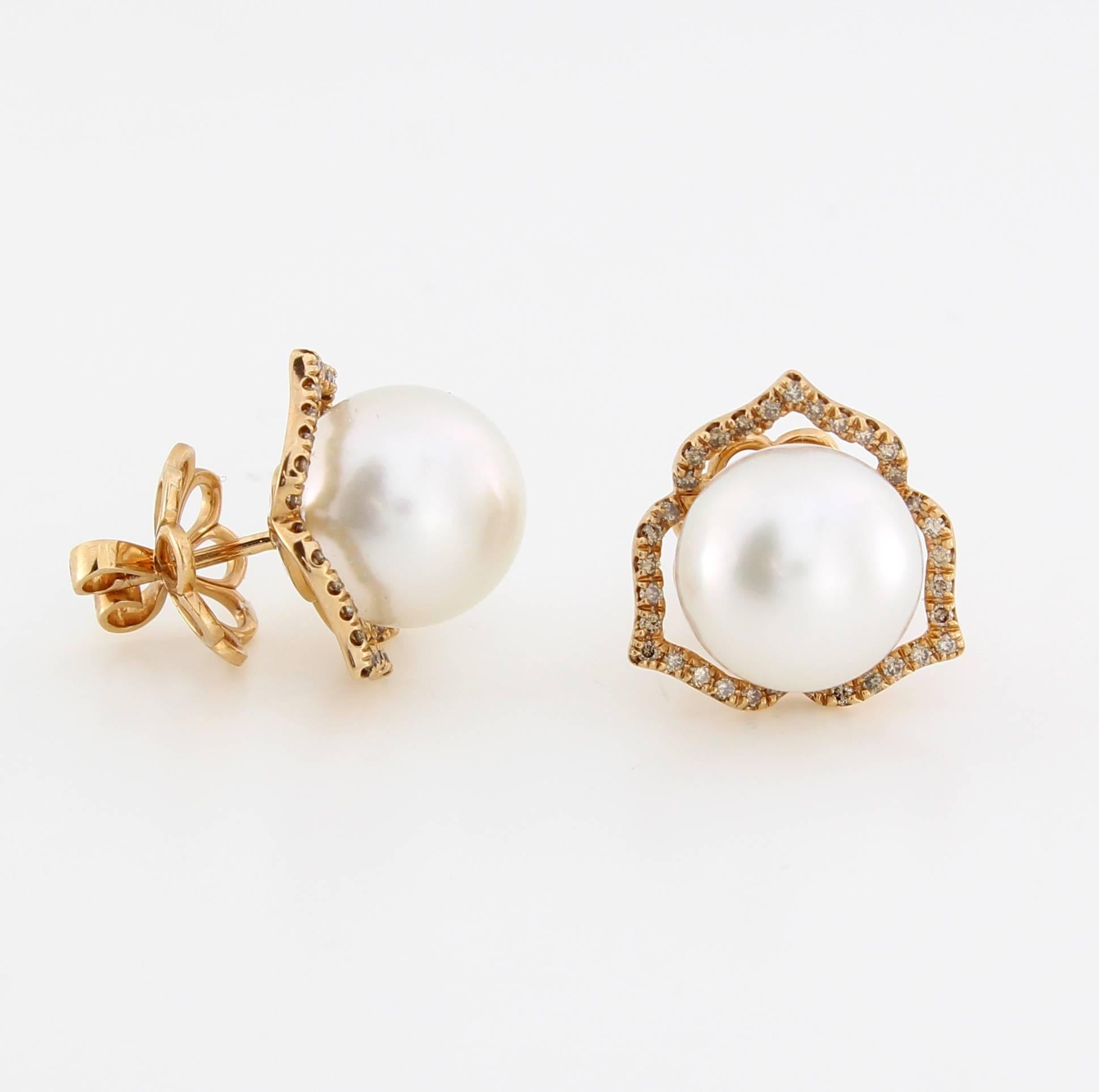 Contemporary Autore Brown Diamond White South Sea Pearl Stud Earrings