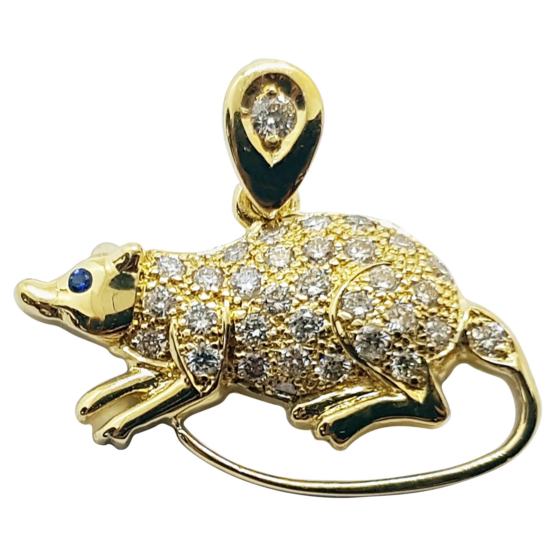 Brown Diamond with Blue Sapphire Rat Chinese Zodiac Pendant in 18 Karat Gold For Sale