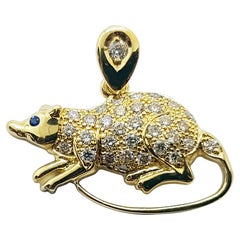 Brown Diamond with Blue Sapphire Rat Chinese Zodiac Pendant in 18 Karat Gold