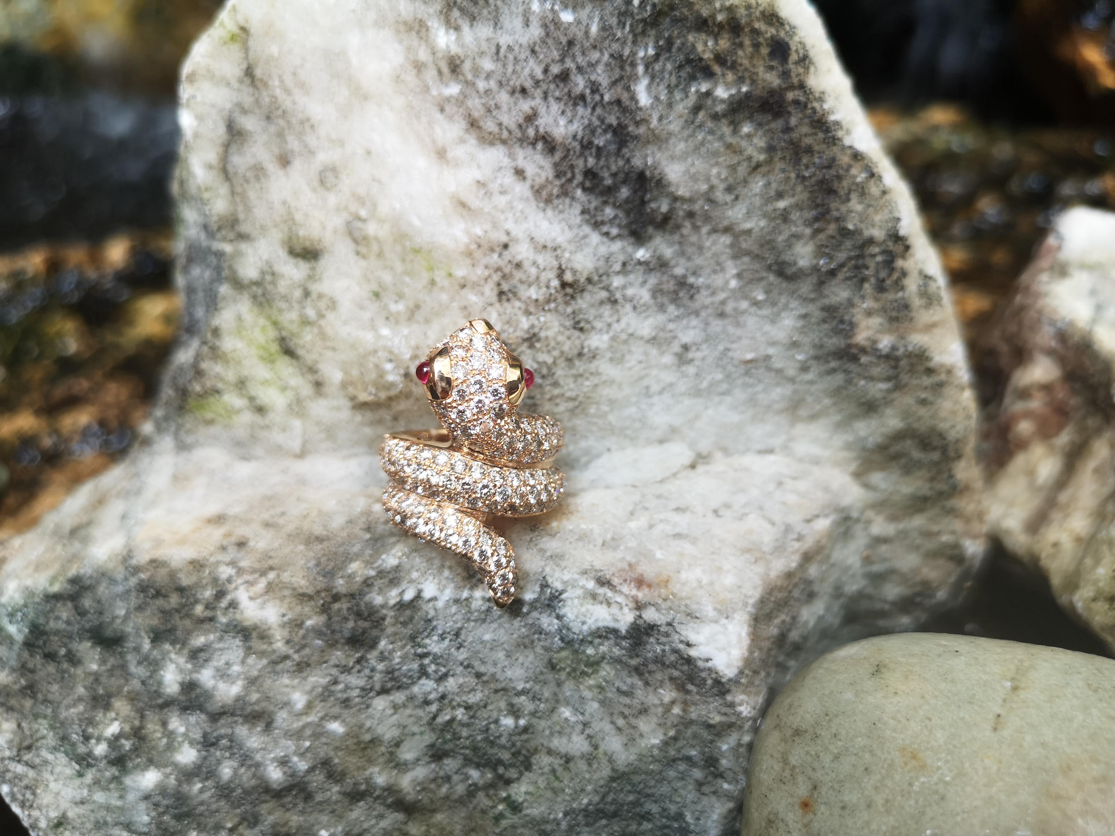 Women's or Men's Brown Diamond with Cabochon Ruby Snake Ring Set in 18 Karat Rose Gold Settings For Sale