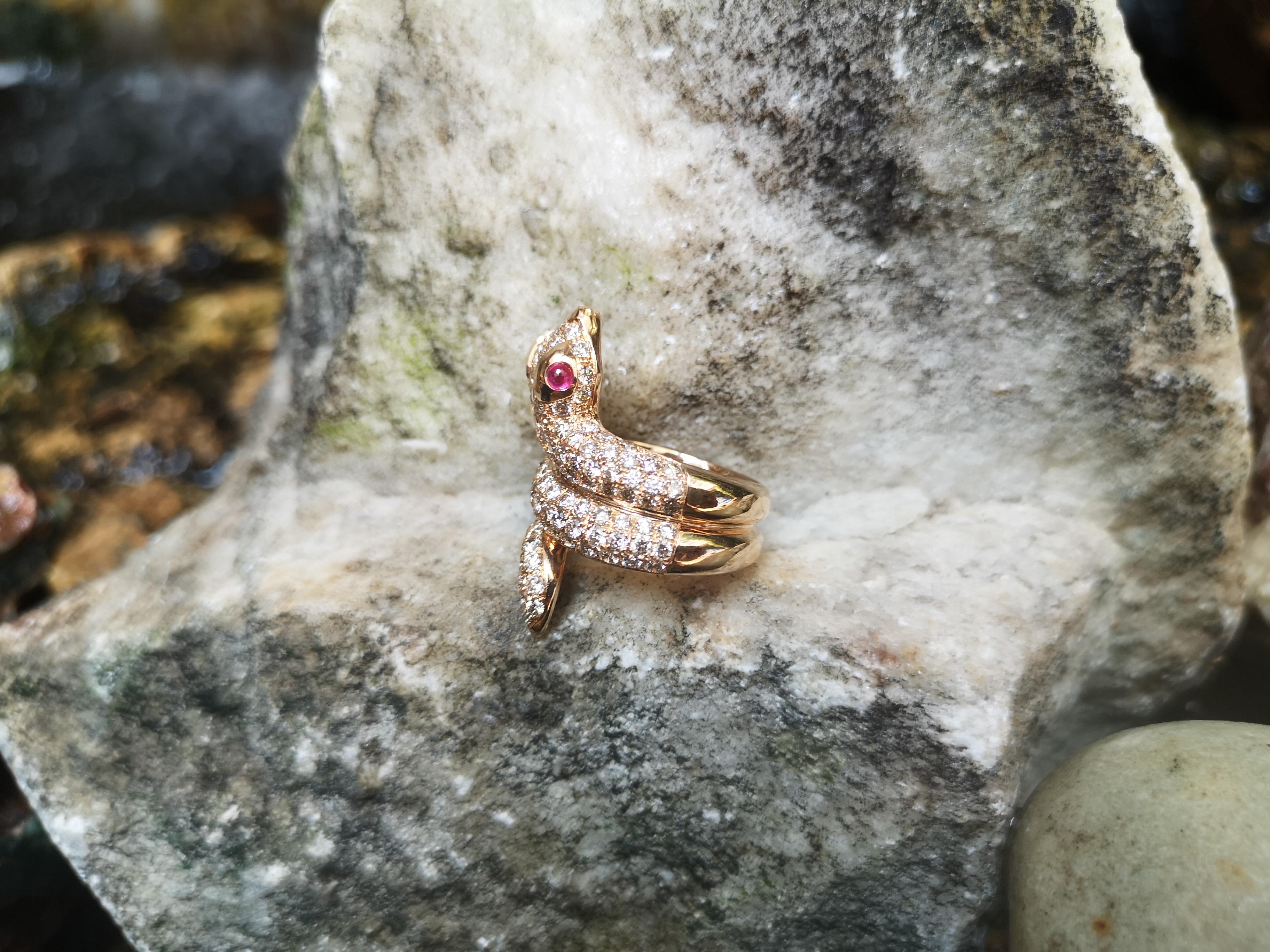 Brown Diamond with Cabochon Ruby Snake Ring Set in 18 Karat Rose Gold Settings For Sale 1