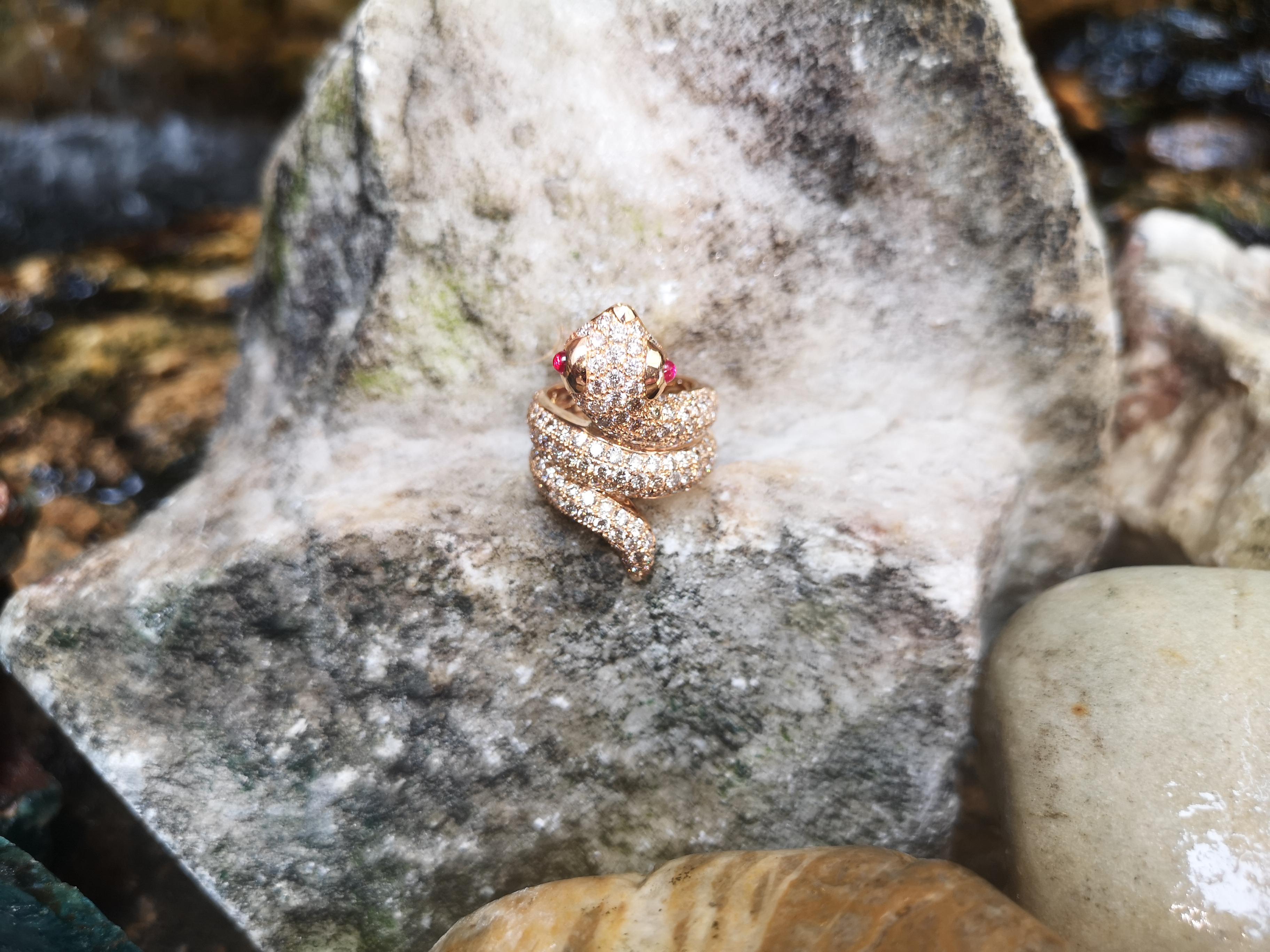 Brown Diamond with Cabochon Ruby Snake Ring Set in 18 Karat Rose Gold Settings For Sale 2