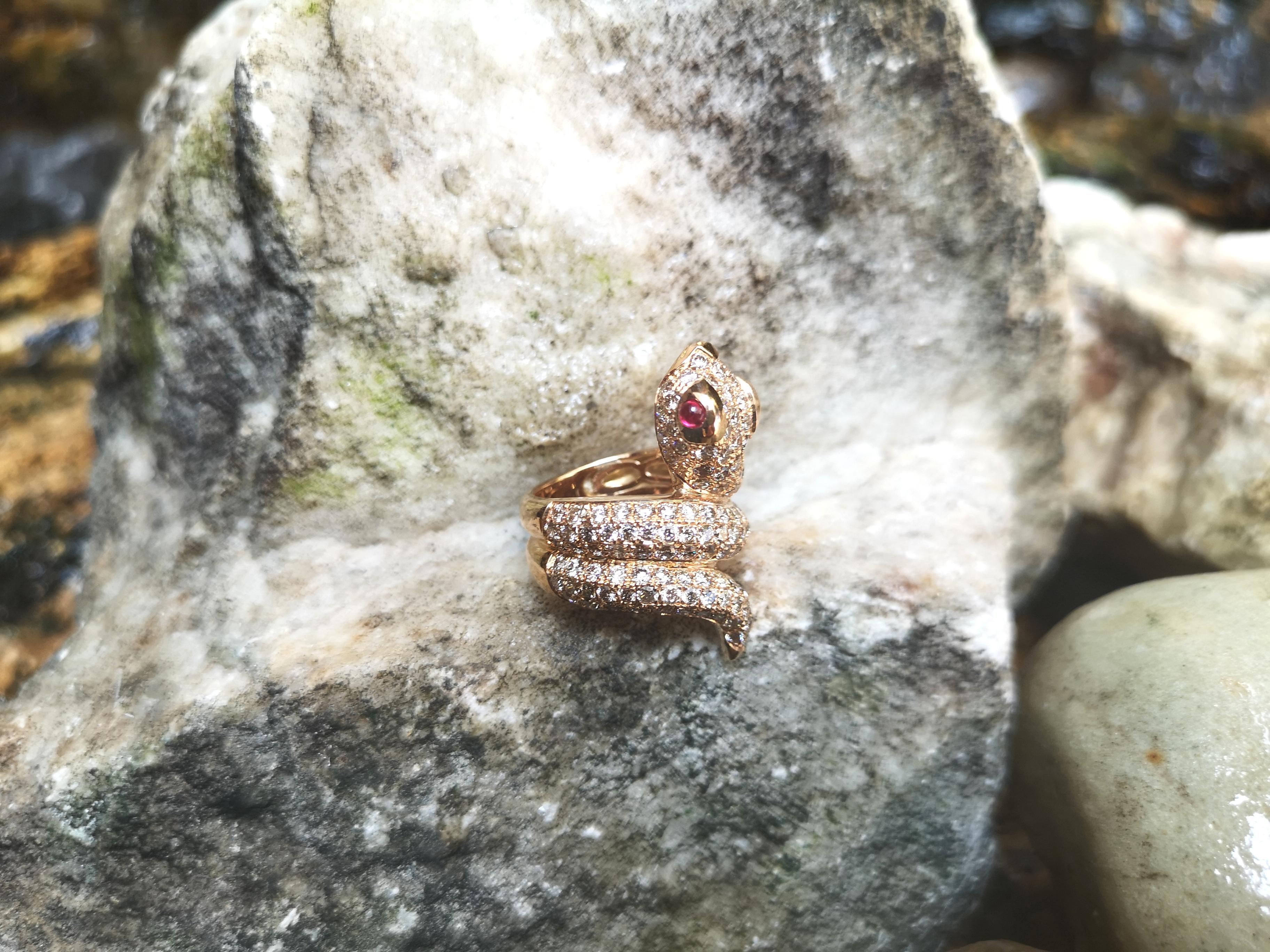 Brown Diamond with Cabochon Ruby Snake Ring Set in 18 Karat Rose Gold Settings For Sale 3
