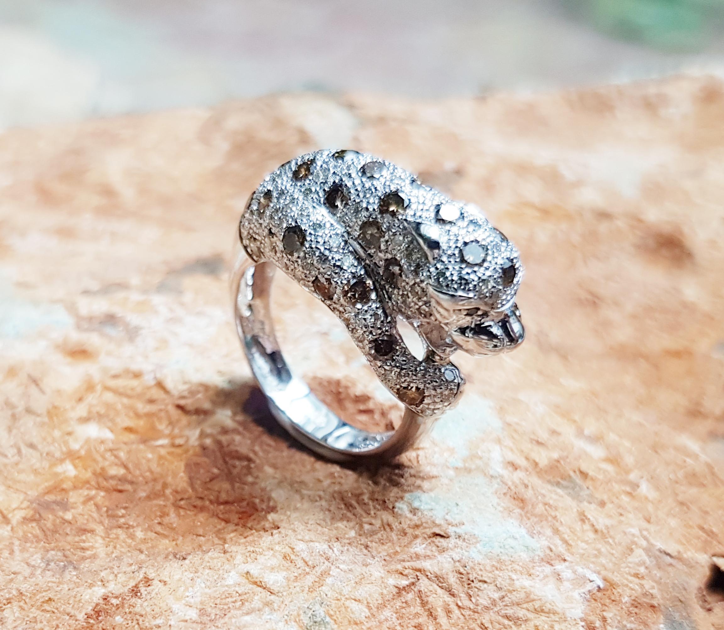 Brown Diamond with Diamond Panther Ring Set in 18 Karat White Gold Setting For Sale 11