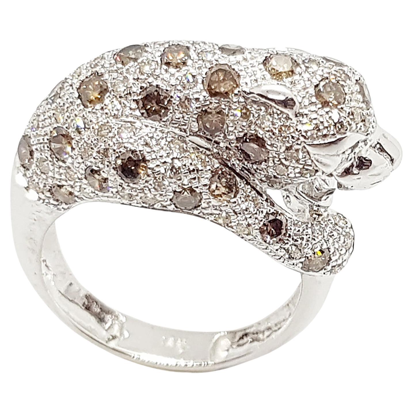 Brown Diamond with Diamond Panther Ring Set in 18 Karat White Gold Setting For Sale