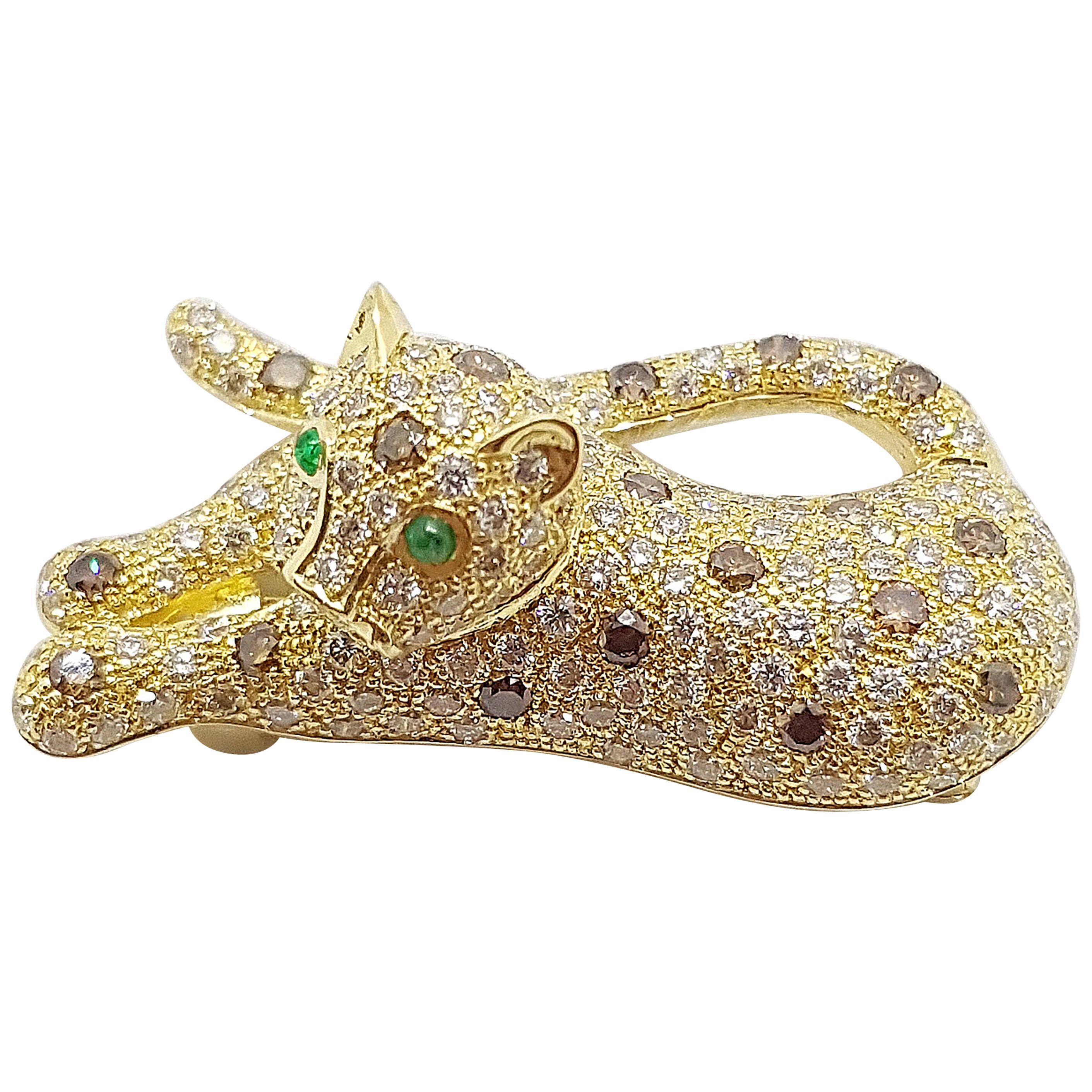 Brown Diamond with Emerald Panther Brooch Set in 18 Karat Gold For Sale