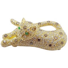 Brown Diamond with Emerald Panther Brooch Set in 18 Karat Gold