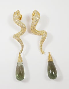 Brown Diamond with Green Amethyst Snake Earrings Set in 18 Karat Gold Settings