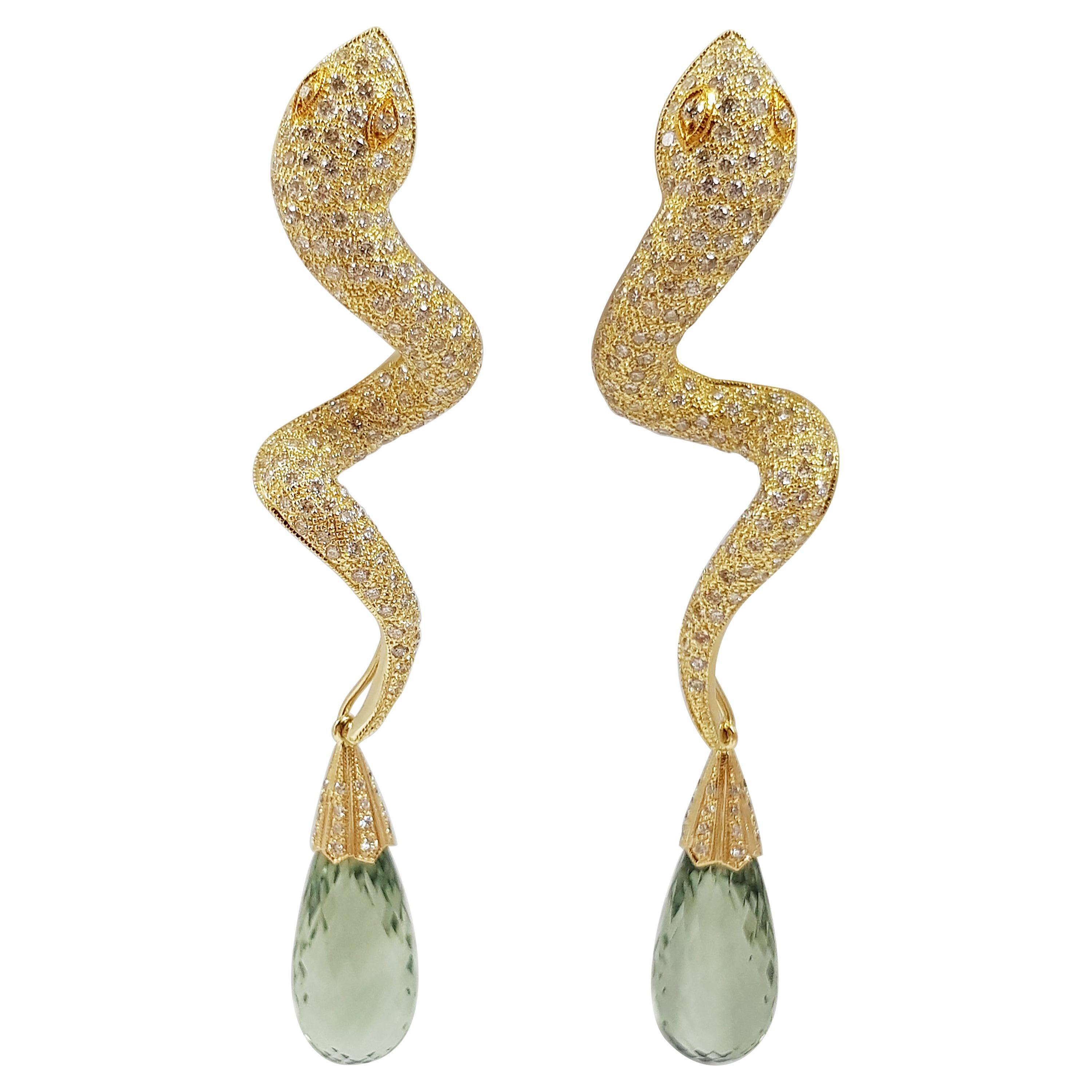 Brown Diamond with Green Amethyst Snake Earrings Set in 18 Karat Gold Settings For Sale