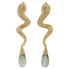 Brown Diamond with Green Amethyst Snake Earrings Set in 18 Karat Gold Settings