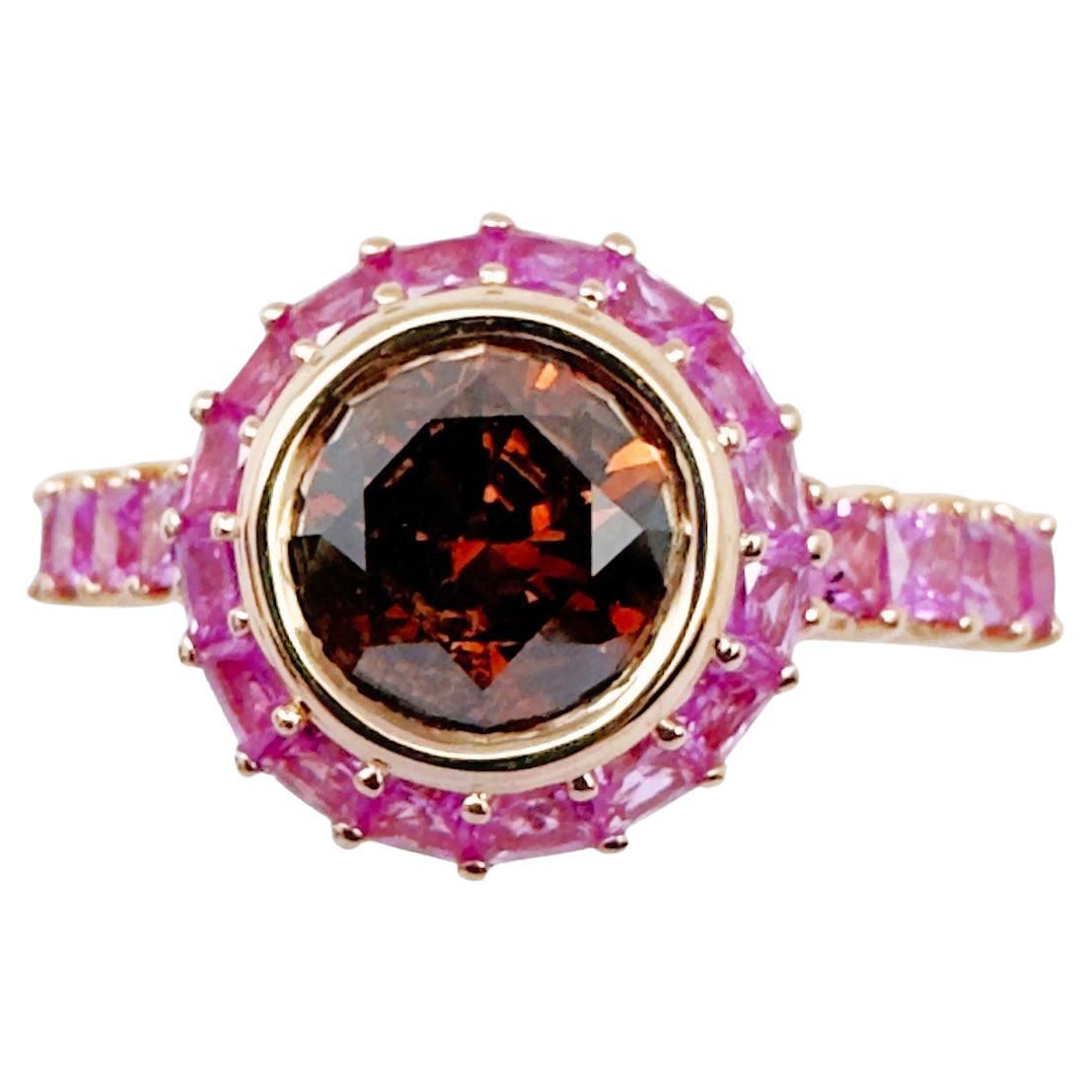 Brown Diamond with Pink Sapphire Ring set in 18K Rose Gold Settings