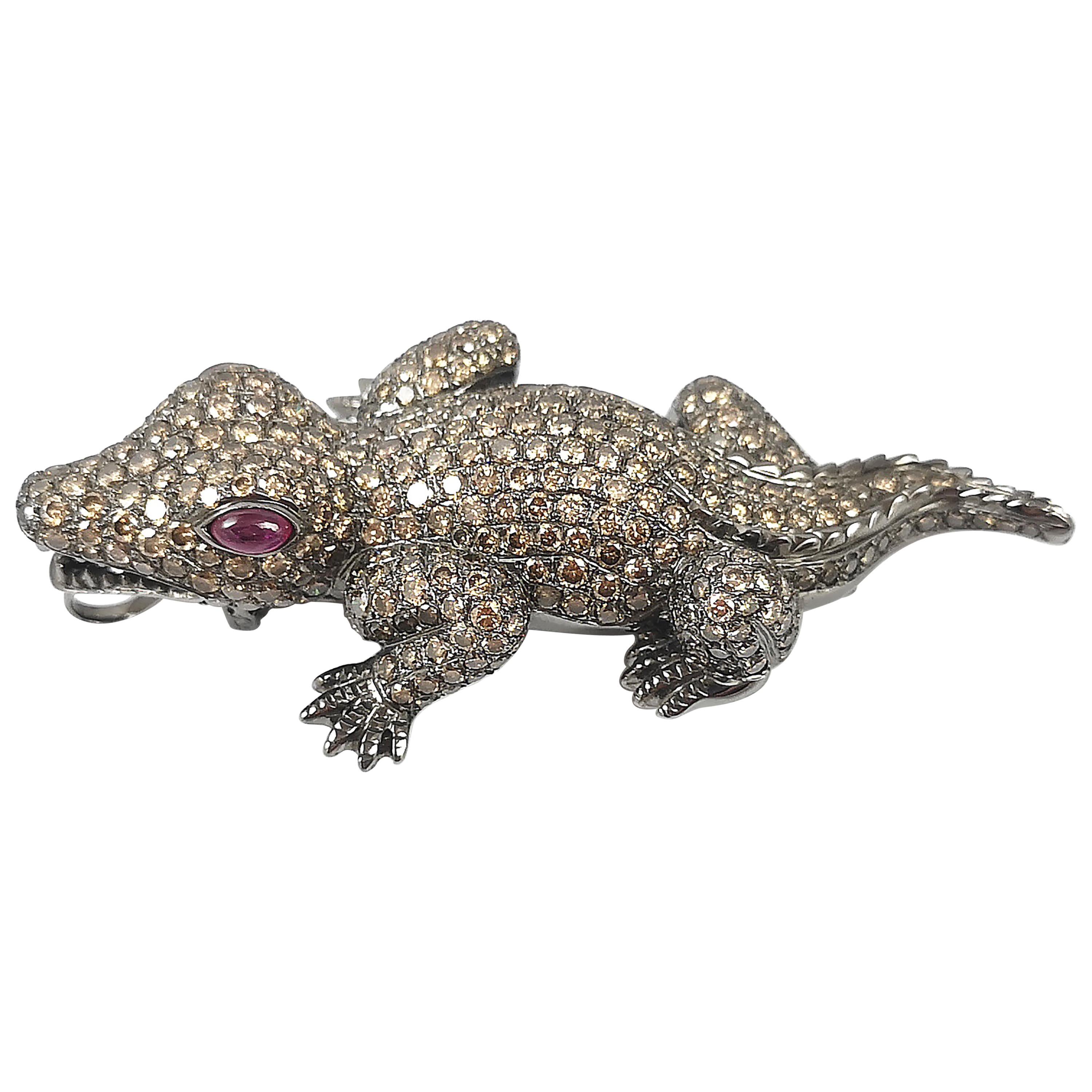 Brown Diamond with Ruby Crocodile/Alligator Brooch/Pendant Set in 18 Karat Gold For Sale