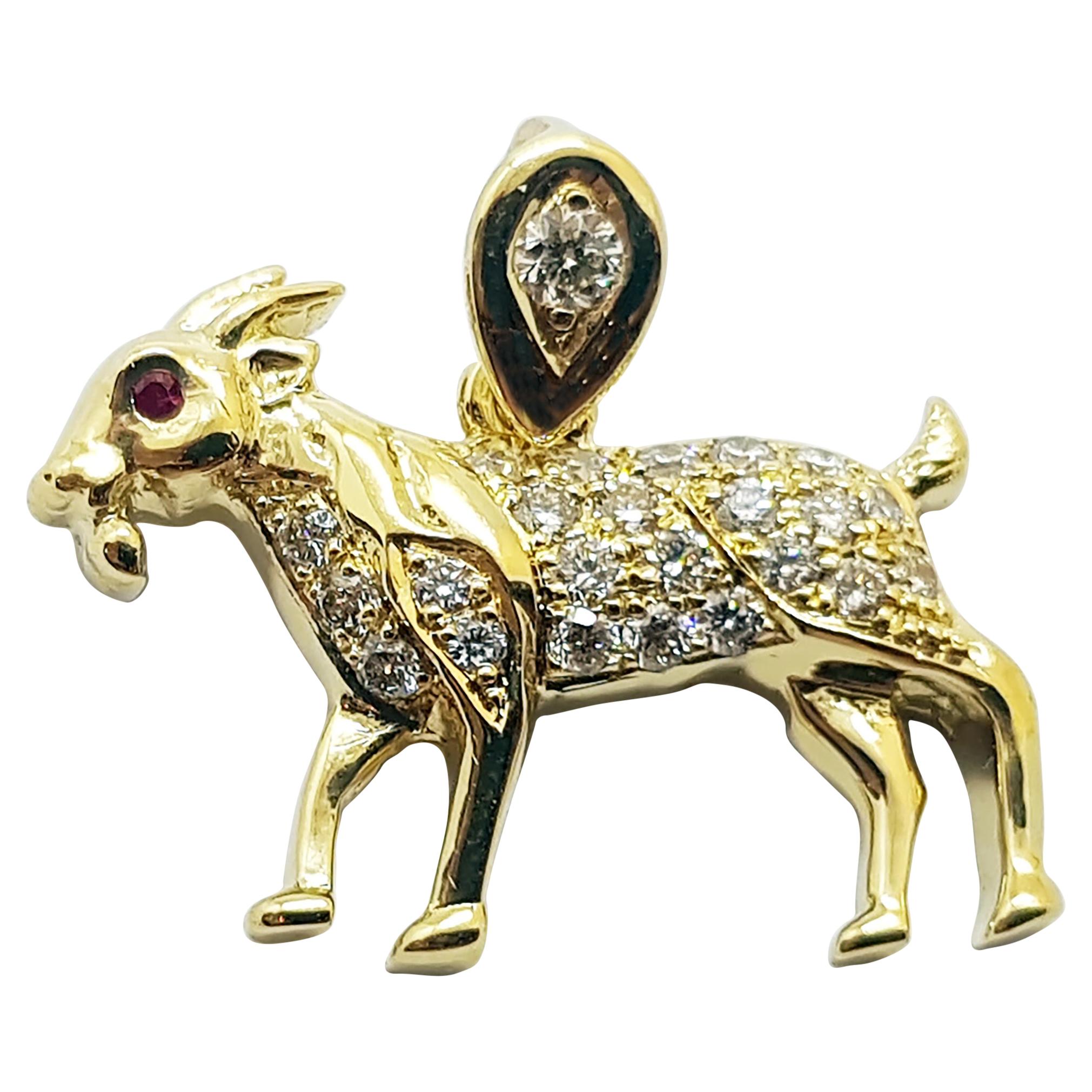 Brown Diamond with Ruby Goat Chinese Zodiac Pendant Set in 18 Karat Gold  For Sale