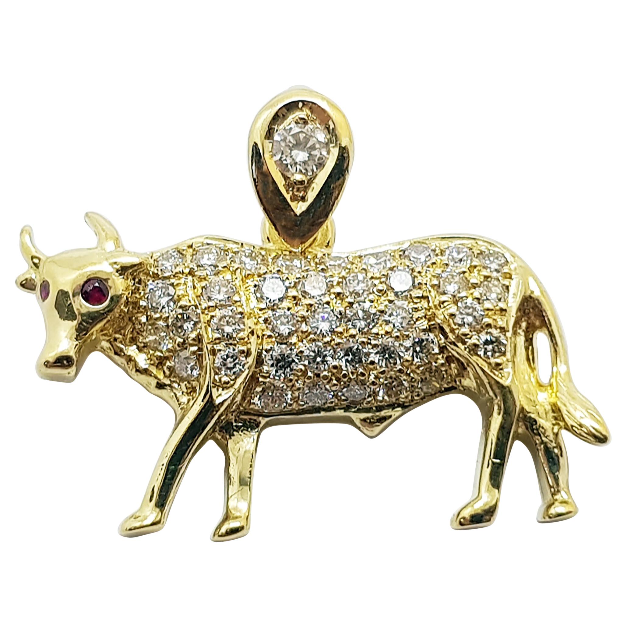 Brown Diamond with Ruby Ox Chinese Zodiac Pendant Set in 18 Karat Gold Settings For Sale