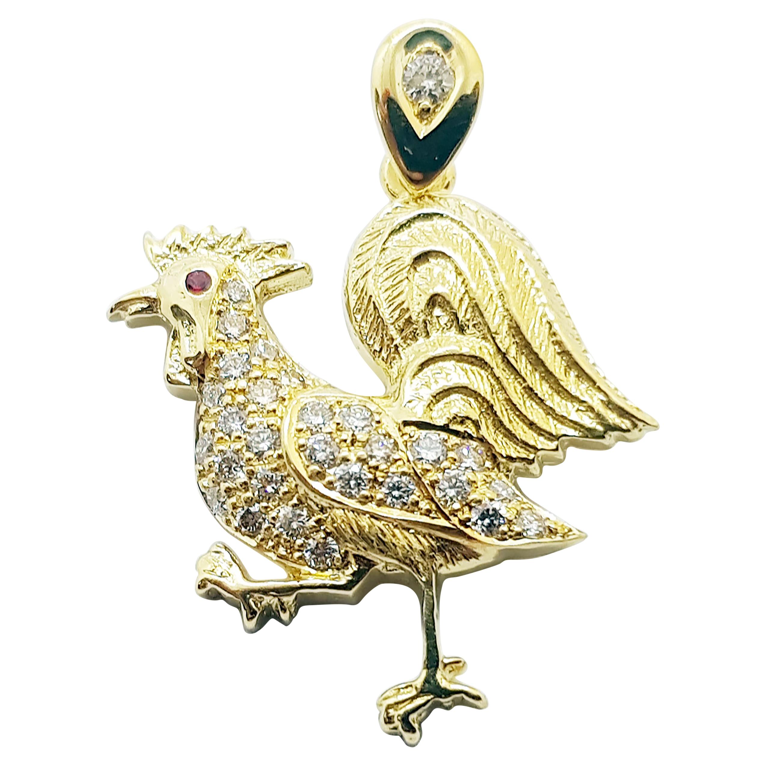 Brown Diamond with Ruby Rooster Chinese Zodiac Pendant Set in 18 Karat Gold 