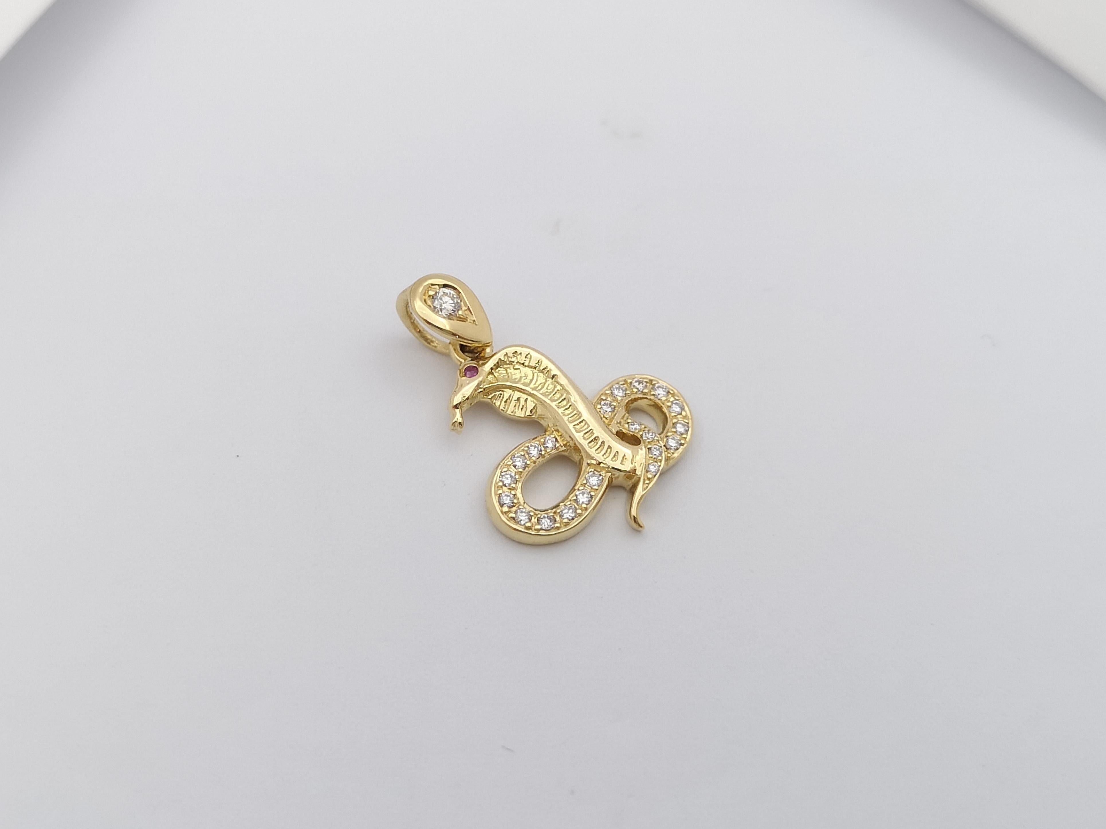 Women's or Men's Brown Diamond with Ruby Snake Chinese Zodiac Pendant Set in 18 Karat Gold  For Sale