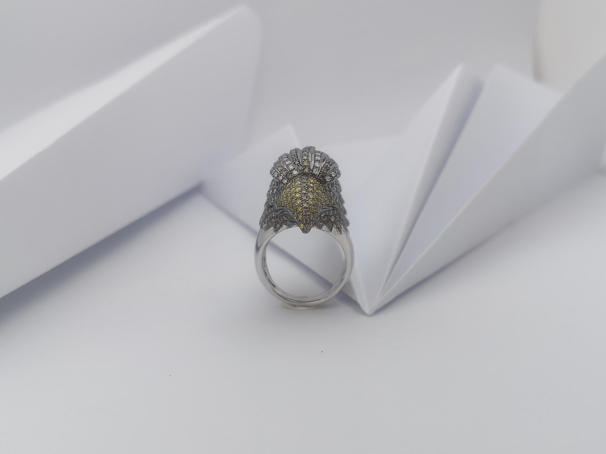 Brown Diamond, Yellow Diamond, Diamond and Eagle Ring in 18K White Gold For Sale 4
