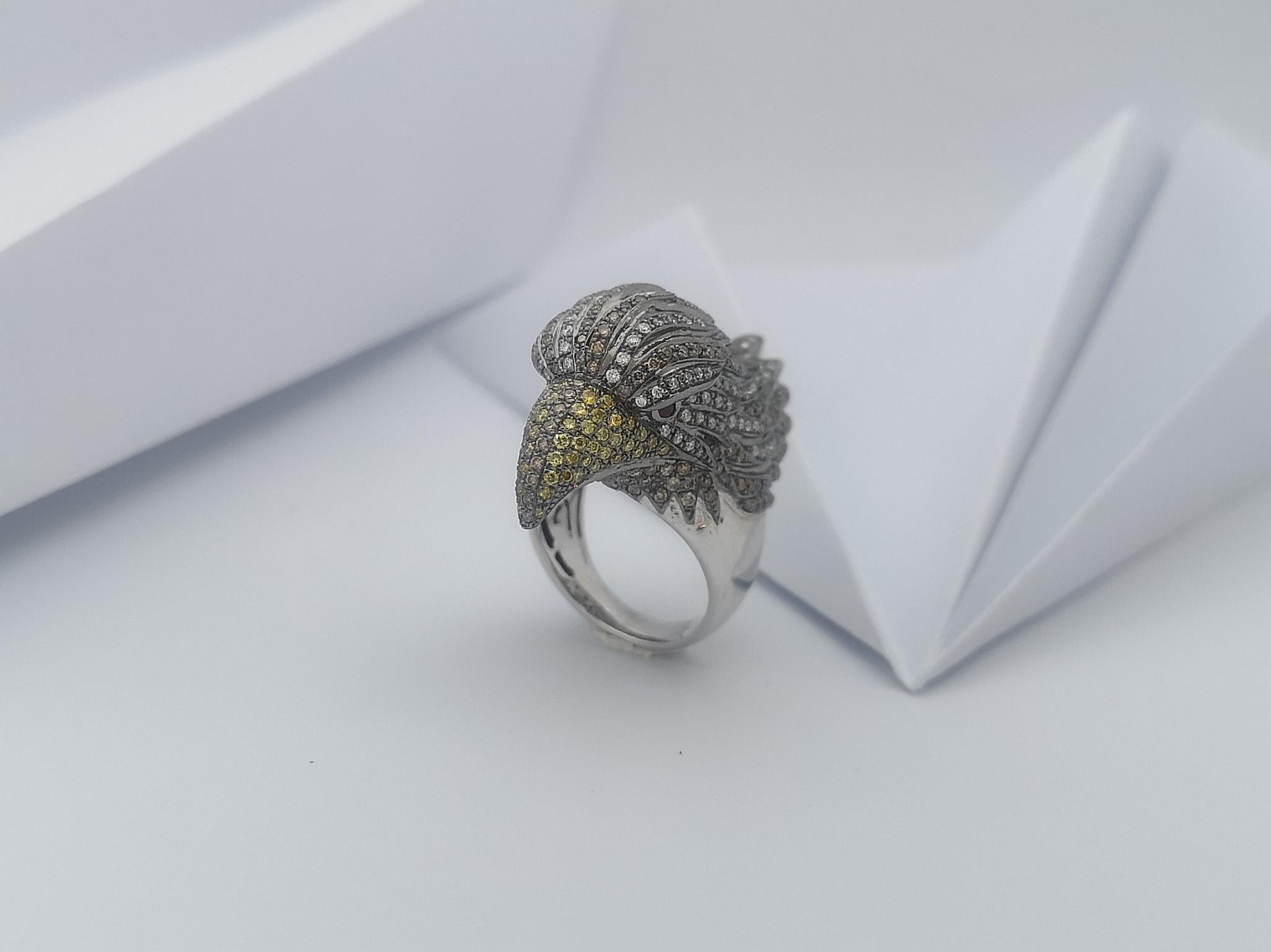 Brown Diamond, Yellow Diamond, Diamond and Eagle Ring in 18K White Gold For Sale 5