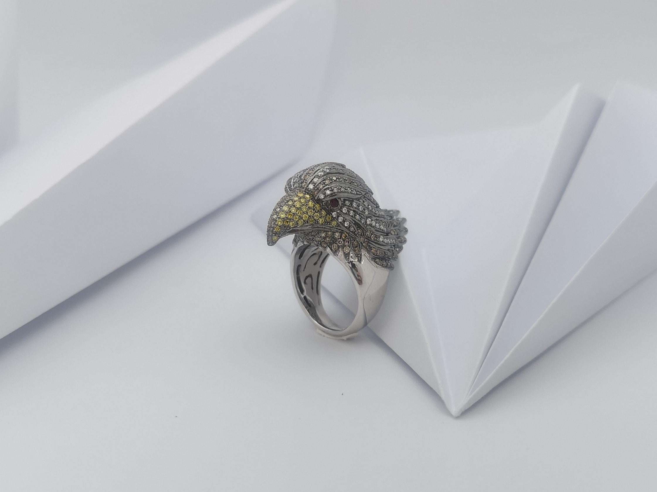 Brown Diamond, Yellow Diamond, Diamond and Eagle Ring in 18K White Gold For Sale 6