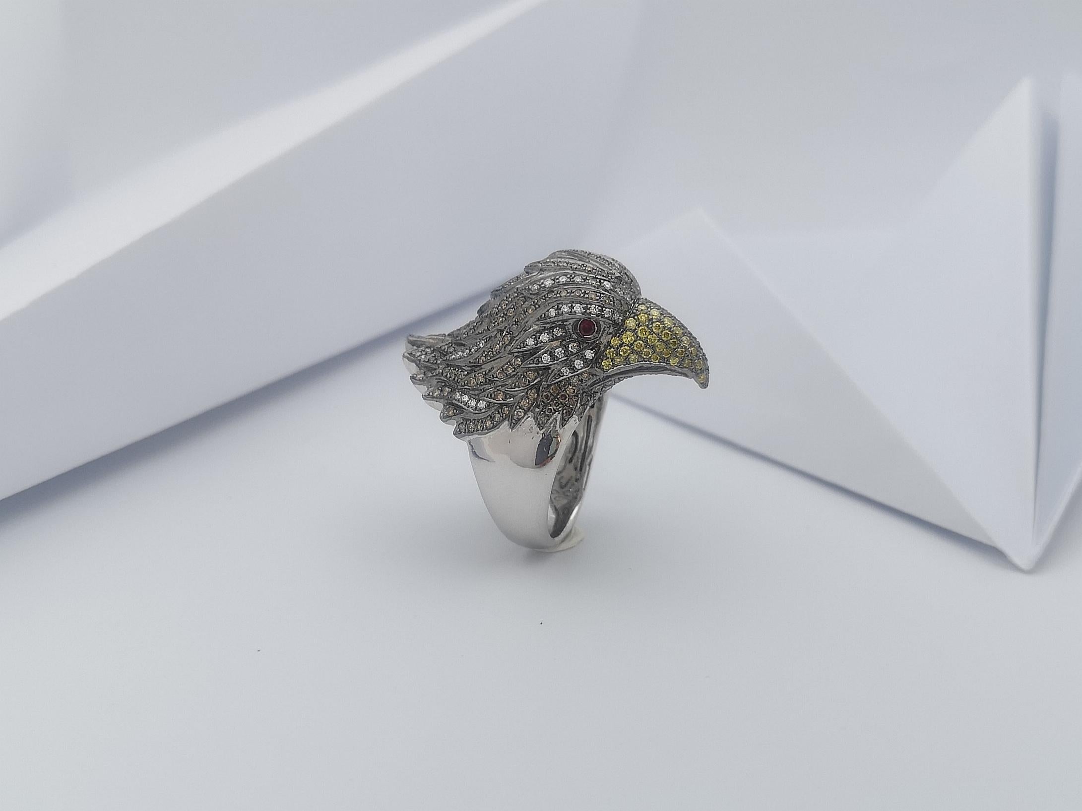 Brown Diamond, Yellow Diamond, Diamond and Eagle Ring in 18K White Gold For Sale 7