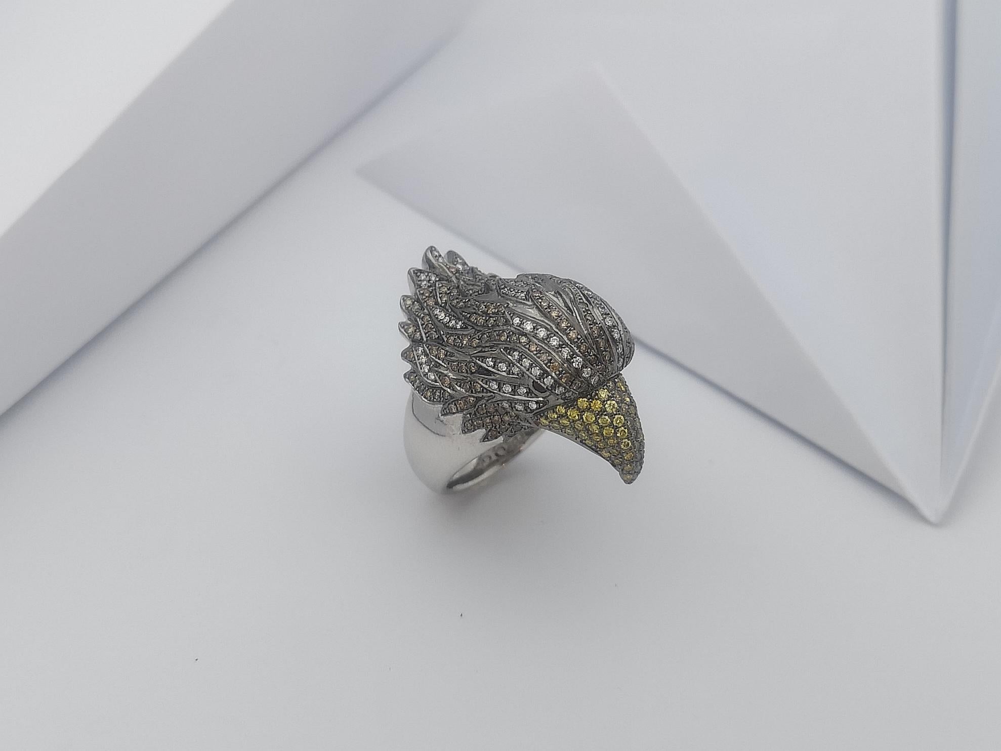 Brown Diamond, Yellow Diamond, Diamond and Eagle Ring in 18K White Gold For Sale 8