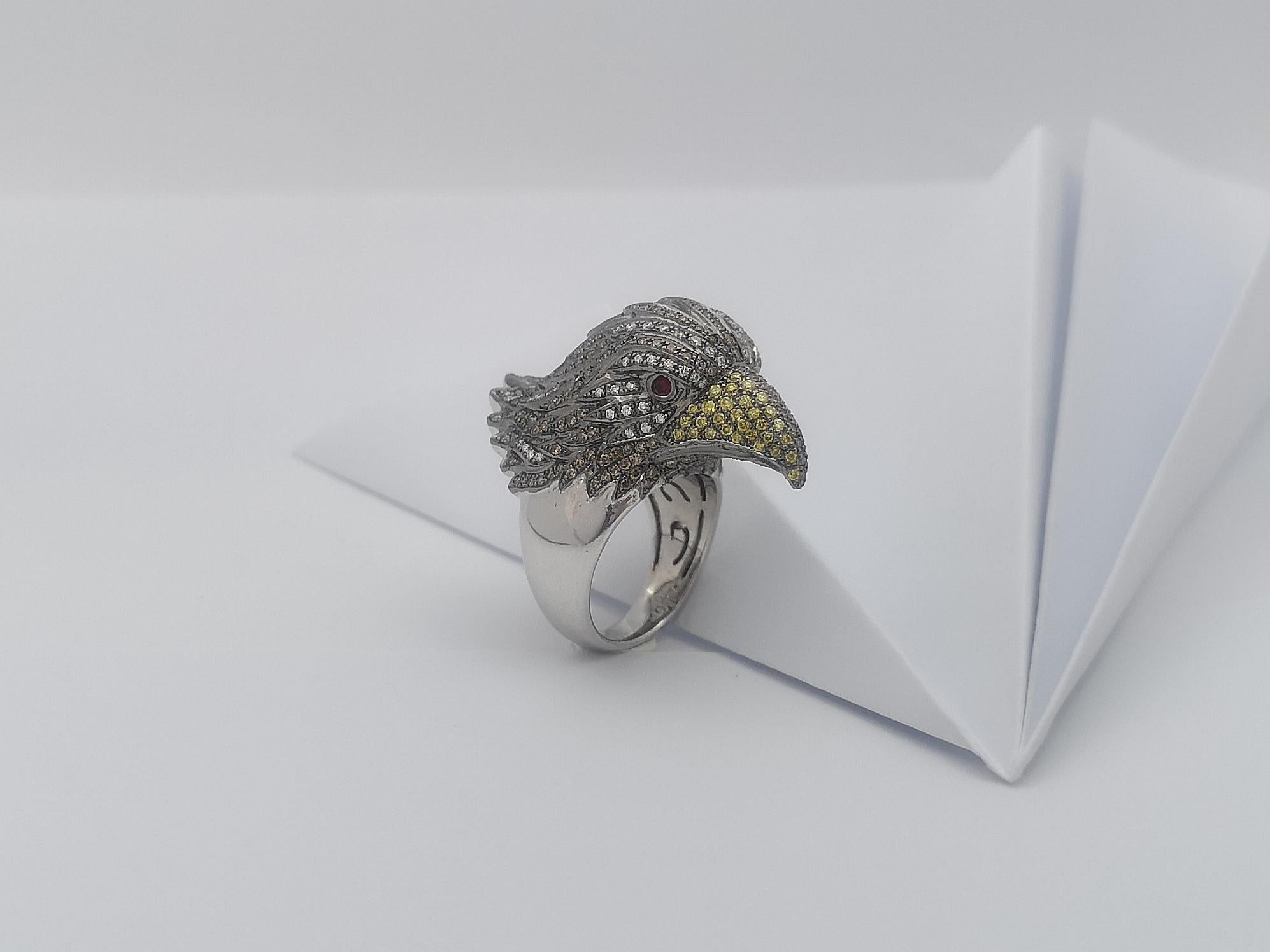 Brown Diamond, Yellow Diamond, Diamond and Eagle Ring in 18K White Gold For Sale 11