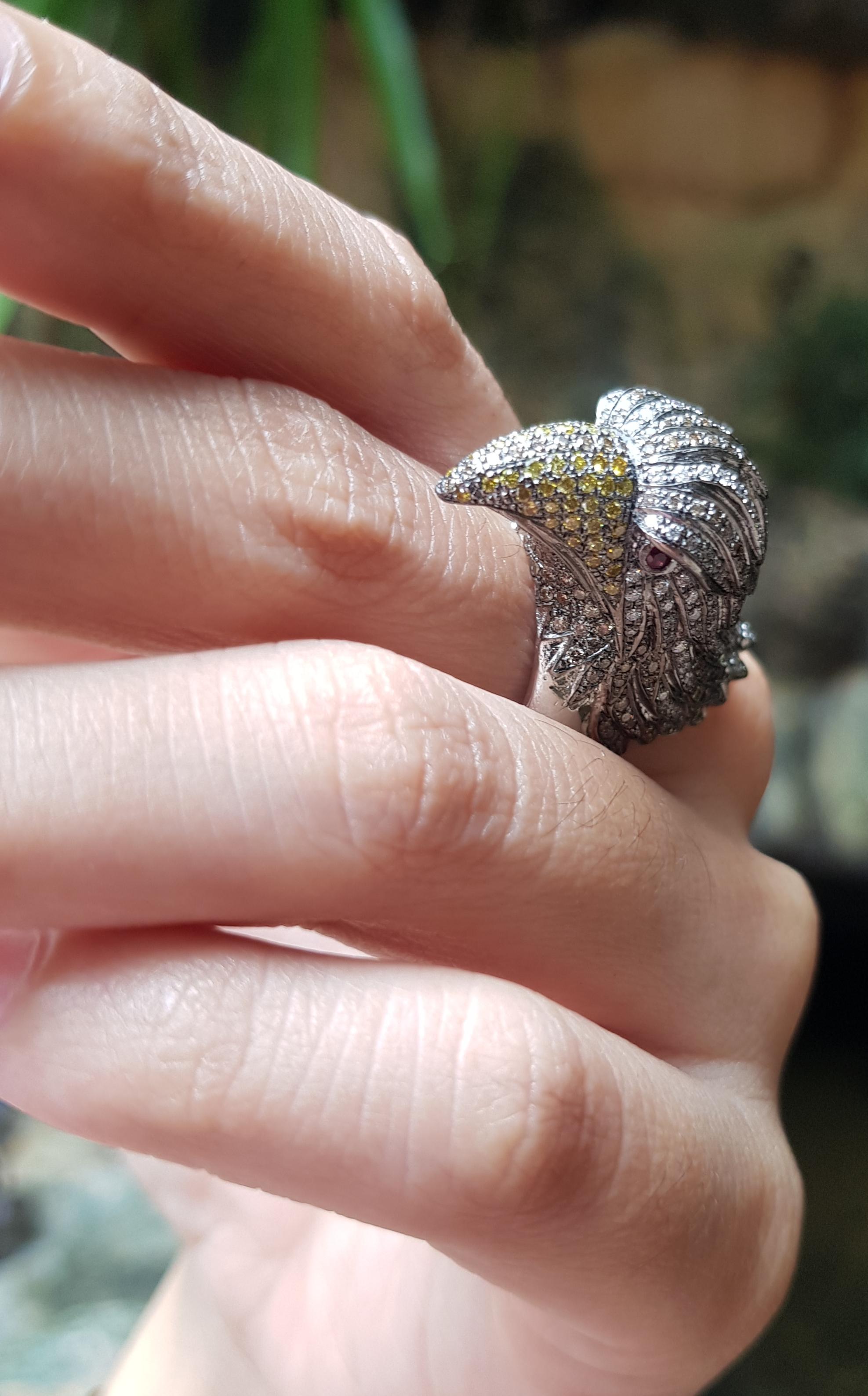 Brilliant Cut Brown Diamond, Yellow Diamond, Diamond and Eagle Ring in 18K White Gold For Sale
