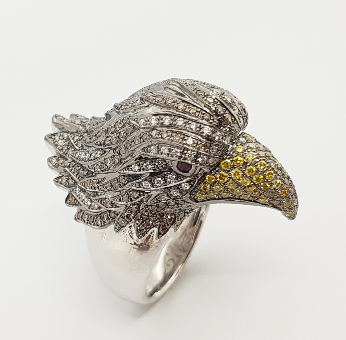 Brown Diamond, Yellow Diamond, Diamond and Eagle Ring in 18K White Gold For Sale 1