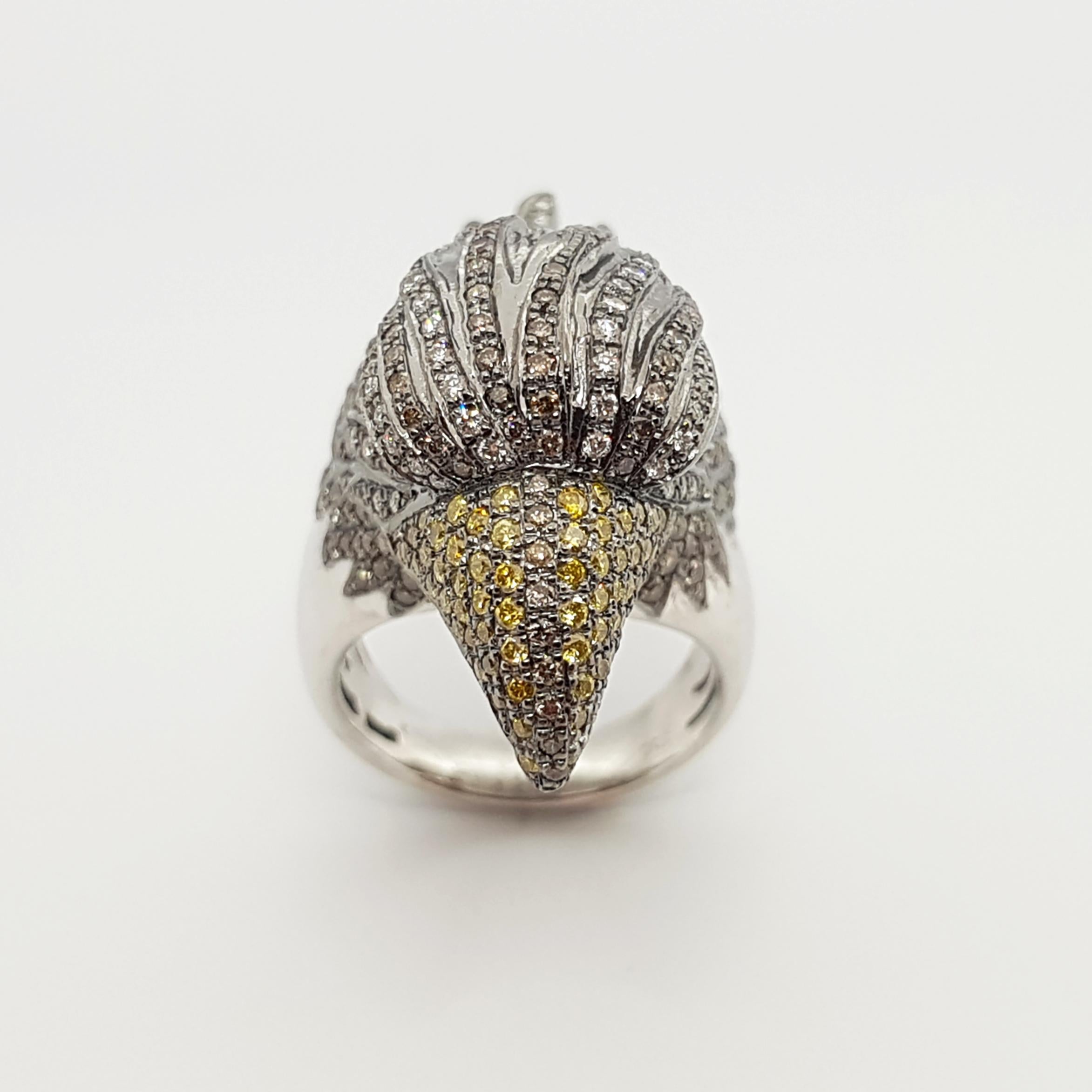 Brown Diamond, Yellow Diamond, Diamond and Eagle Ring in 18K White Gold For Sale 2