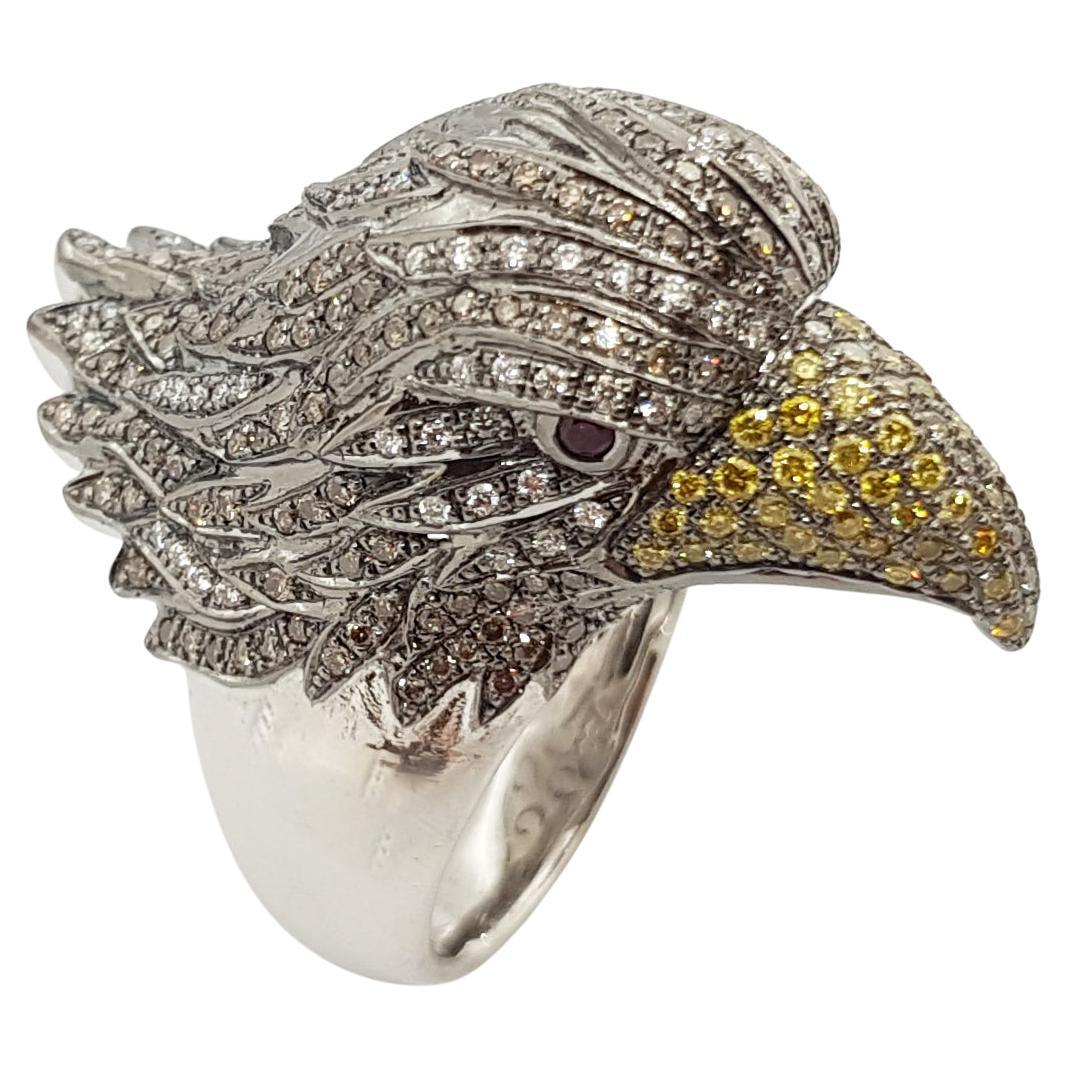Brown Diamond, Yellow Diamond, Diamond and Eagle Ring in 18K White Gold For Sale