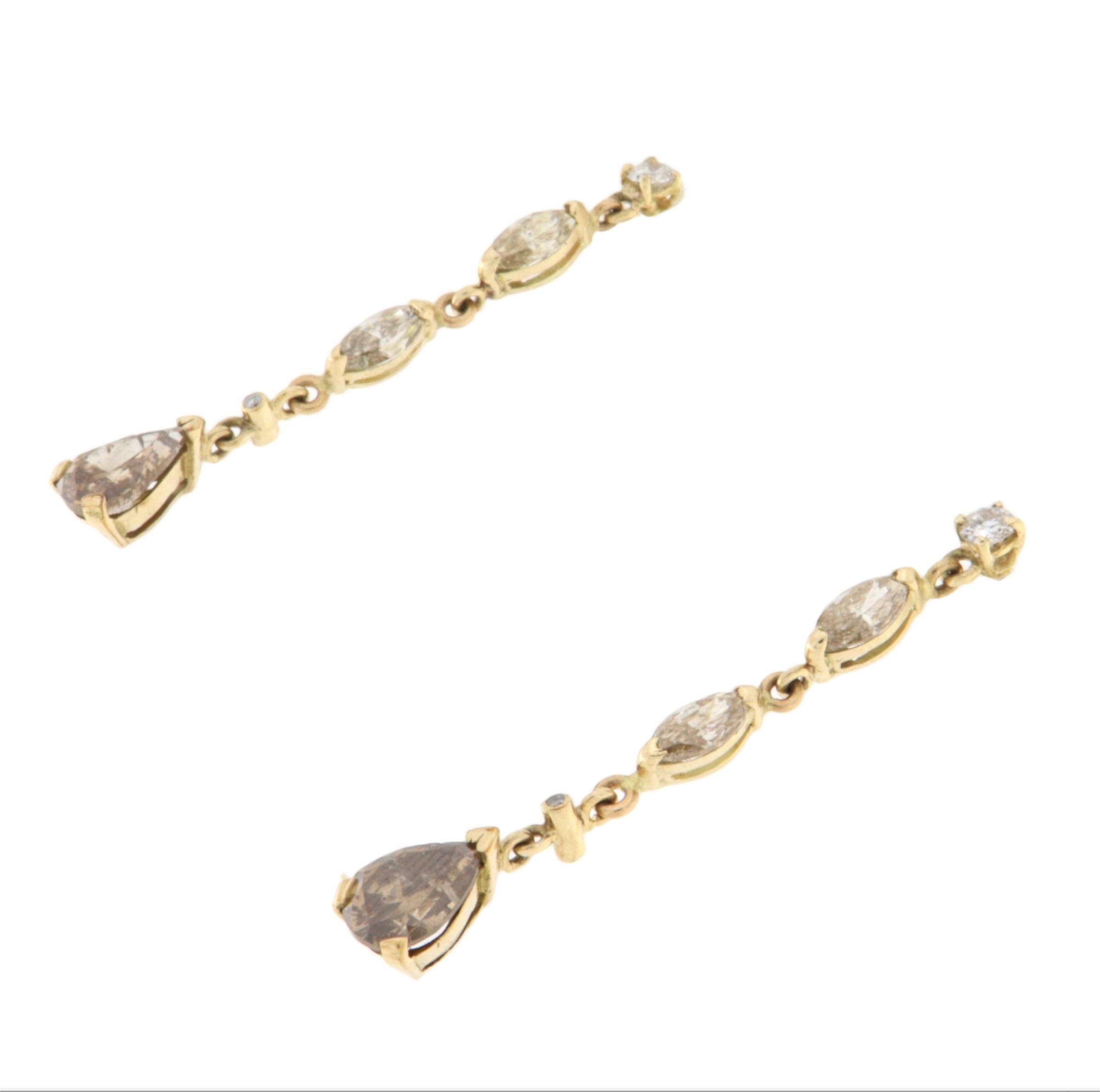 Artisan Brown Diamonds 14 Karat Yellow Gold Drop Earrings For Sale